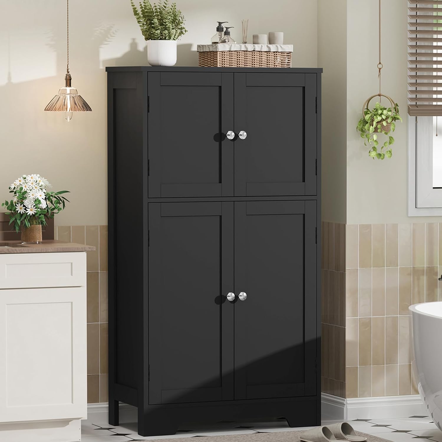 TEENFON Storage Cabinet, Rattan Cabinets with 2 Adjustable Shelves & 4 Doors, Bathroom Cabinet, Cupboard, Floor Cabinets for Living Room, Entryway, Kitchen, Home Office, Black