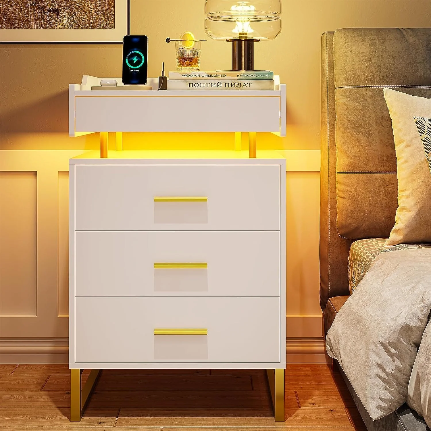 3 Drawers LED Nightstand Charging Station End Table