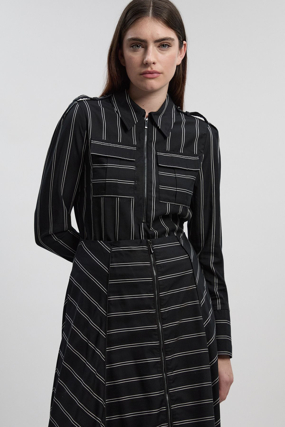KarenMillen Bold Stripe Cotton Woven Utility Shirt