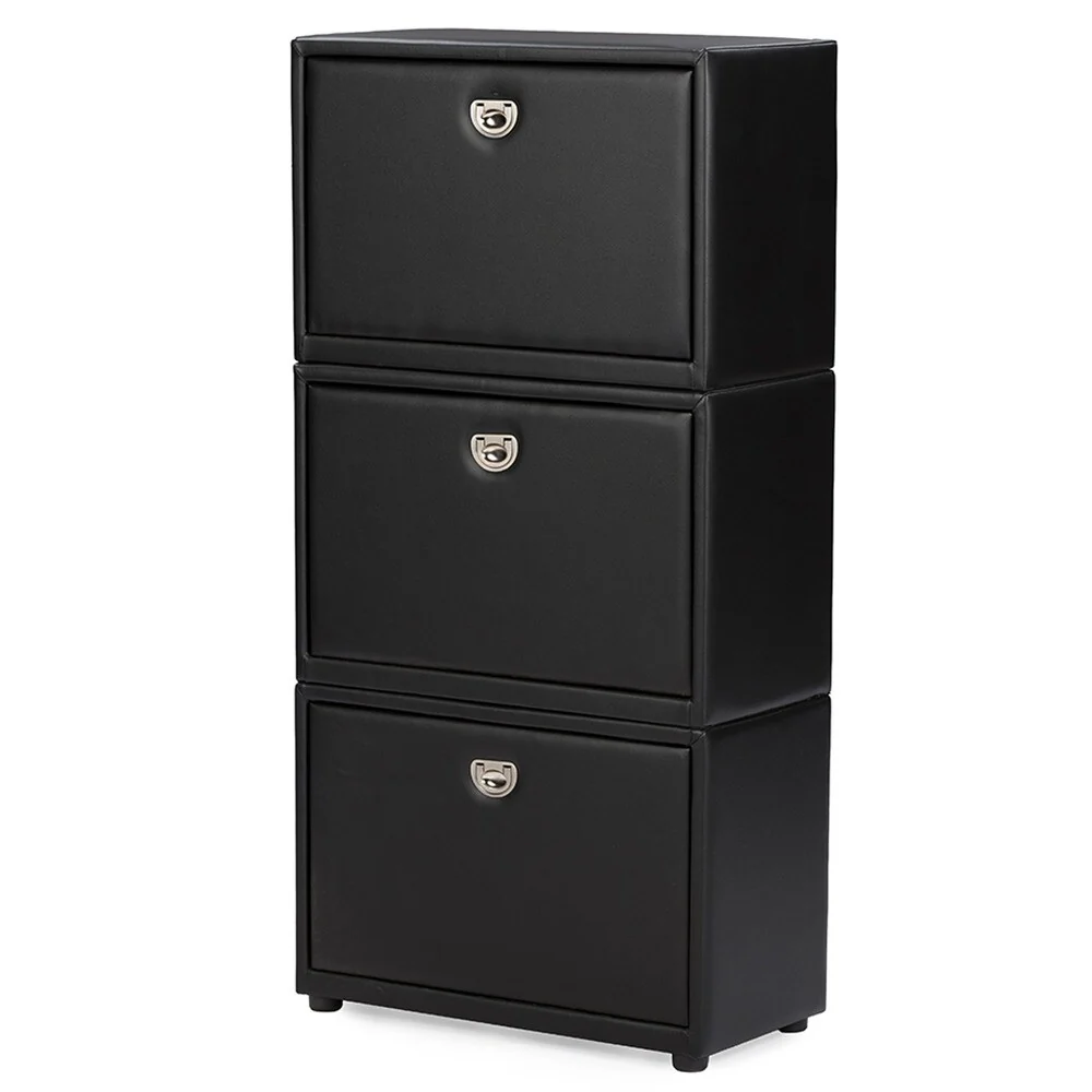 Baxton Studio Petito Contemporary 3-tier Black Leather Upholstered Shoe Cabinet