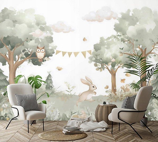 Papier Peint PanoramiqueForêt Animaux Vert - 400x280 cm - Papier Peint Enfant