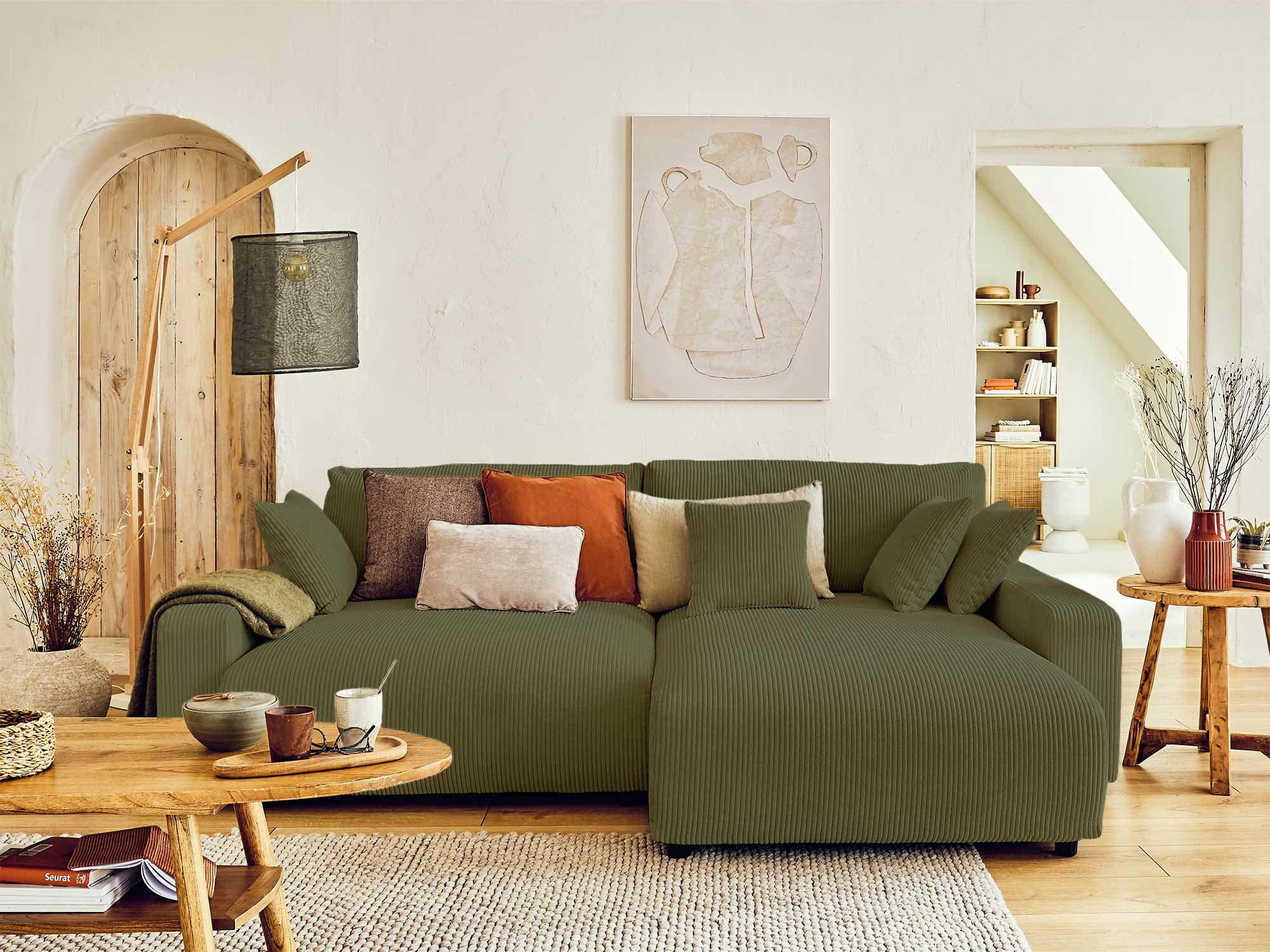 PIVOINE - Canapé d'angle réversible convertible 4 places en velours côtelé vert