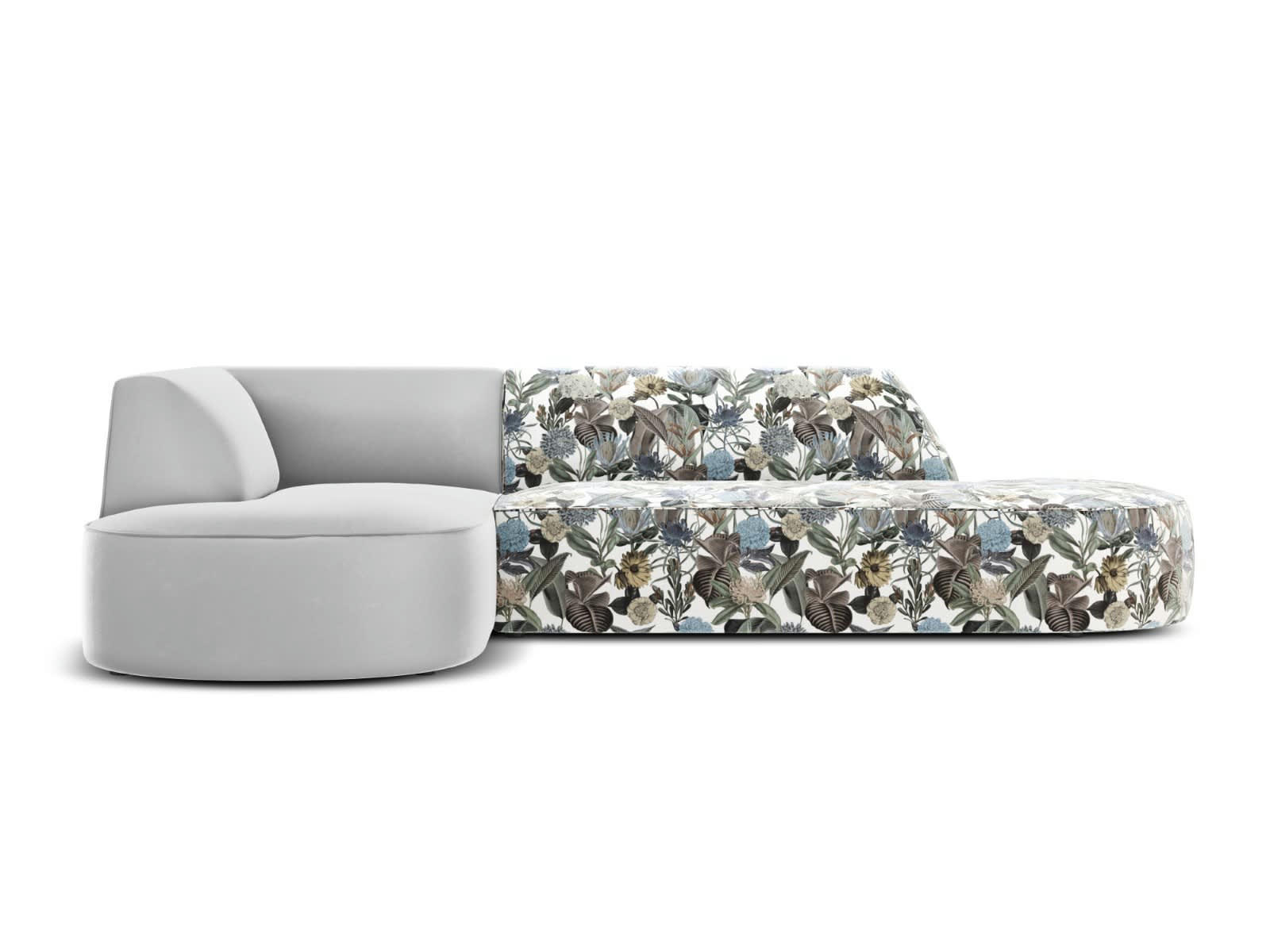 CHARLES - Canapé D'Angle Gauche 4 places en Velours Motif de Jardin Bleu Clair