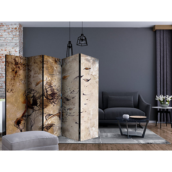 Paravent 5 Volets Design Floral Breath of Wind II 225 x 172 cm Bronze et Noir