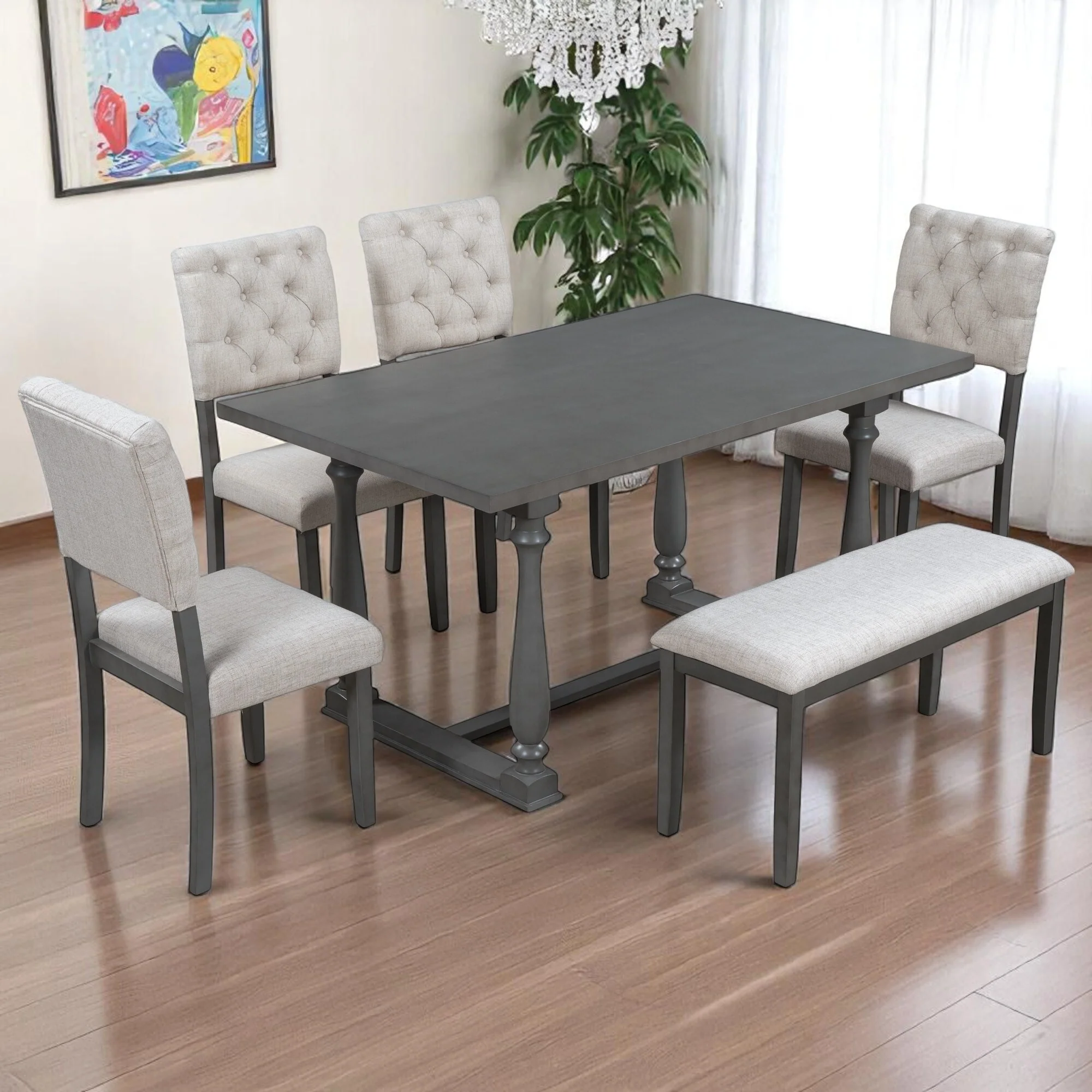 6-Piece Retro Dining Table Set with Upholstered Chairs and Bench, Solid Wood Frame, Foam Cushions for Kitchen or Dining Room