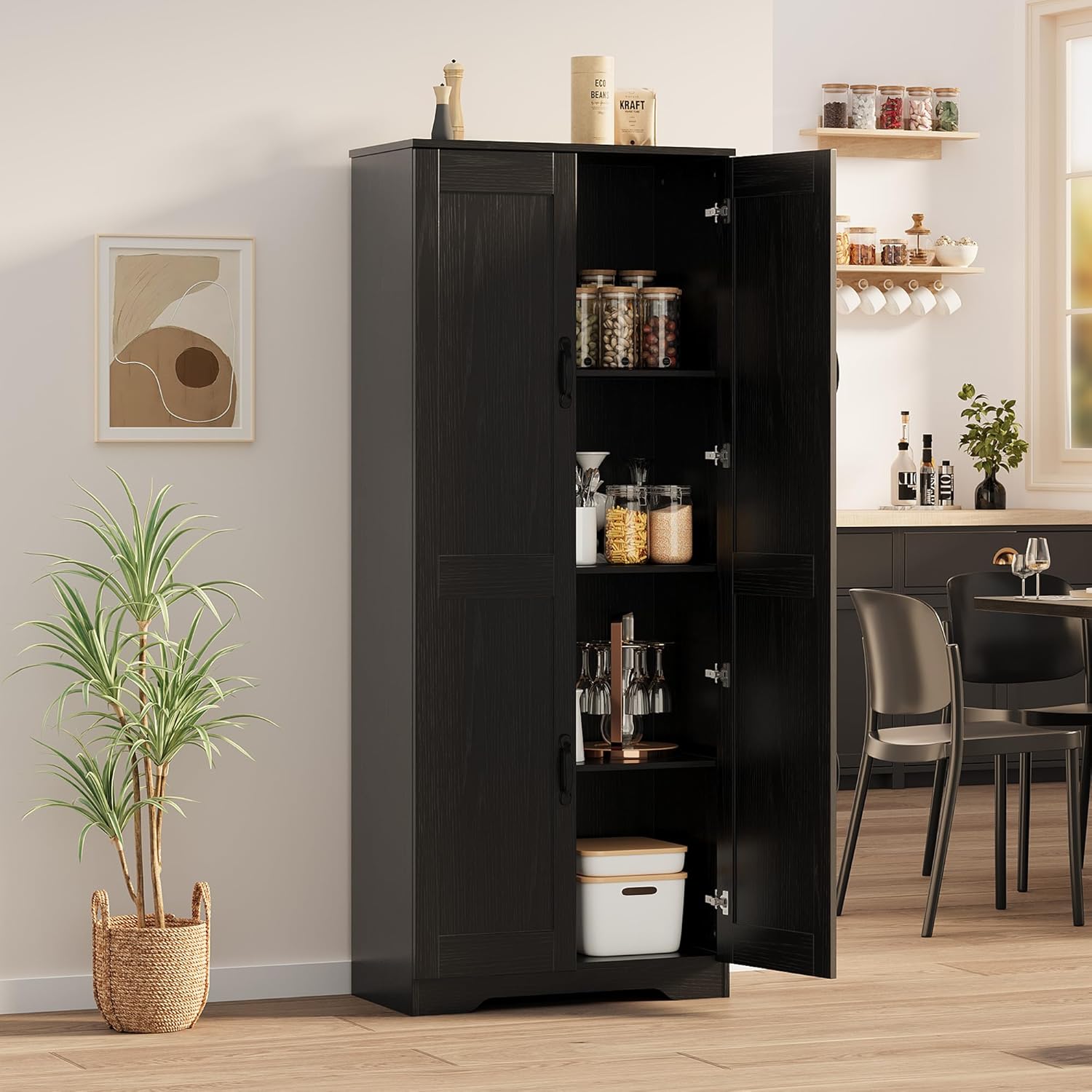 IDEALHOUSE Tall Pantry Cabinet, 60 Kitchen Pantry Storage Cabinet with 2 Doors and Adjustable Shelves, Freestanding Kitchen Cabinet, Cupboard for Dining Room, Bathroom, Antique Black