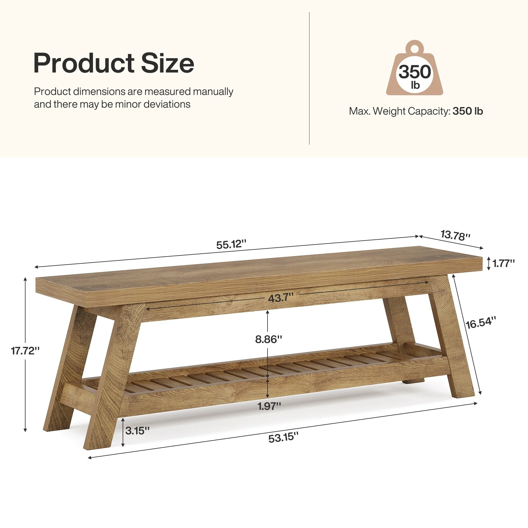 2-Tier Entryway Shoe Bench with Storage, 55-Inch Wood Storage Bench for Living Room, Bedrooms - 55.12 W x 13.78 D x 17.72 H