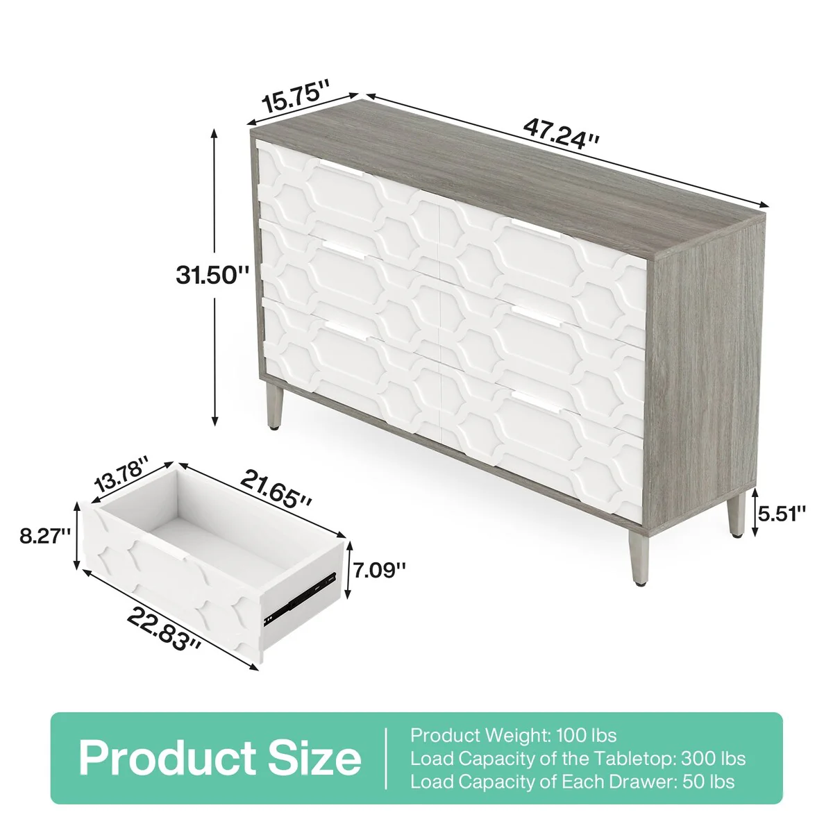 55-Inch Dresser for Bedroom with 6 Drawers, Double Wide Chest of Drawers