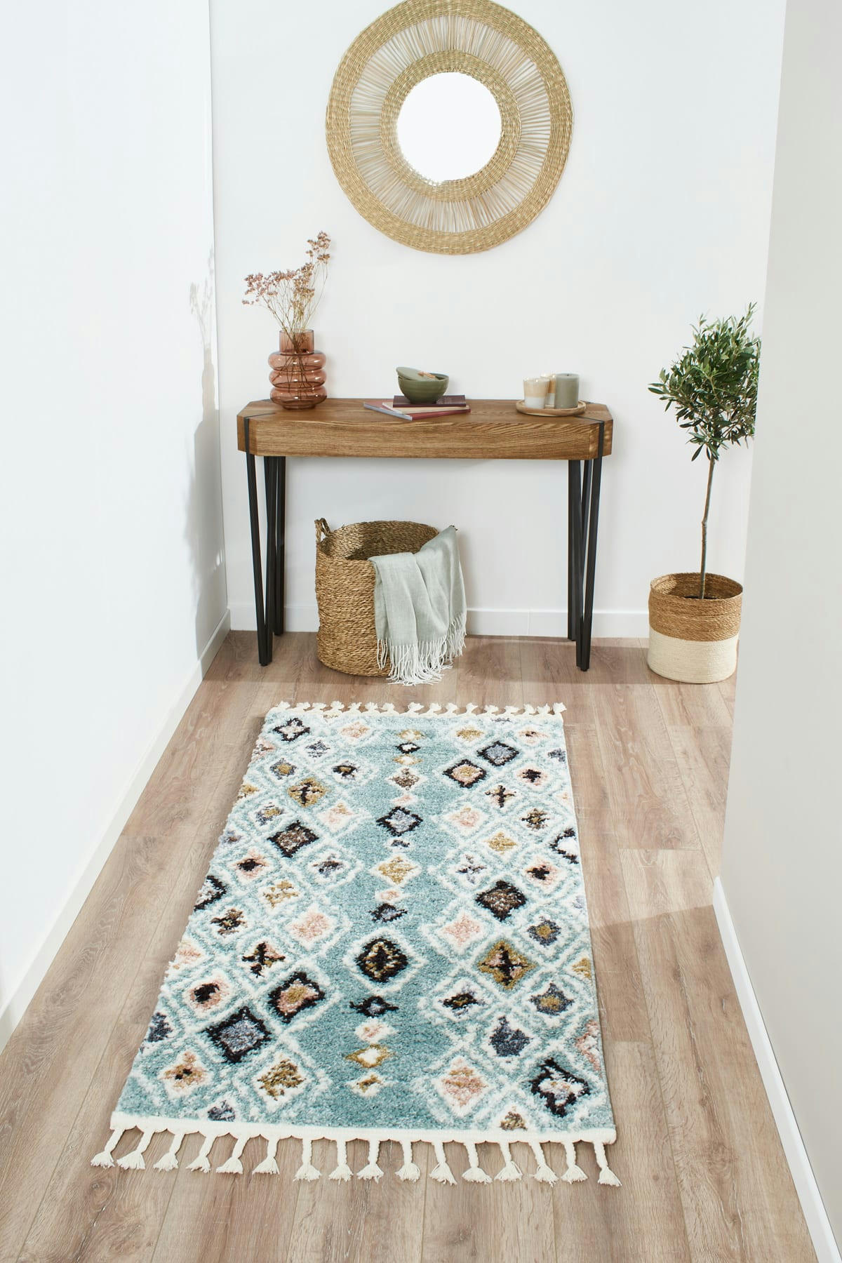 DELYA - Tapis de couloir berbere turquoise 80x150 dessin ethnique