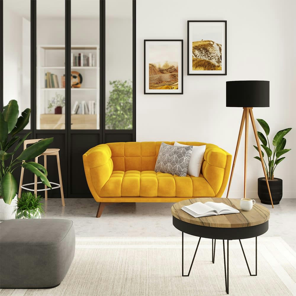 KIARA - Table basse ronde en bois d'acacia et métal noir D60 cm