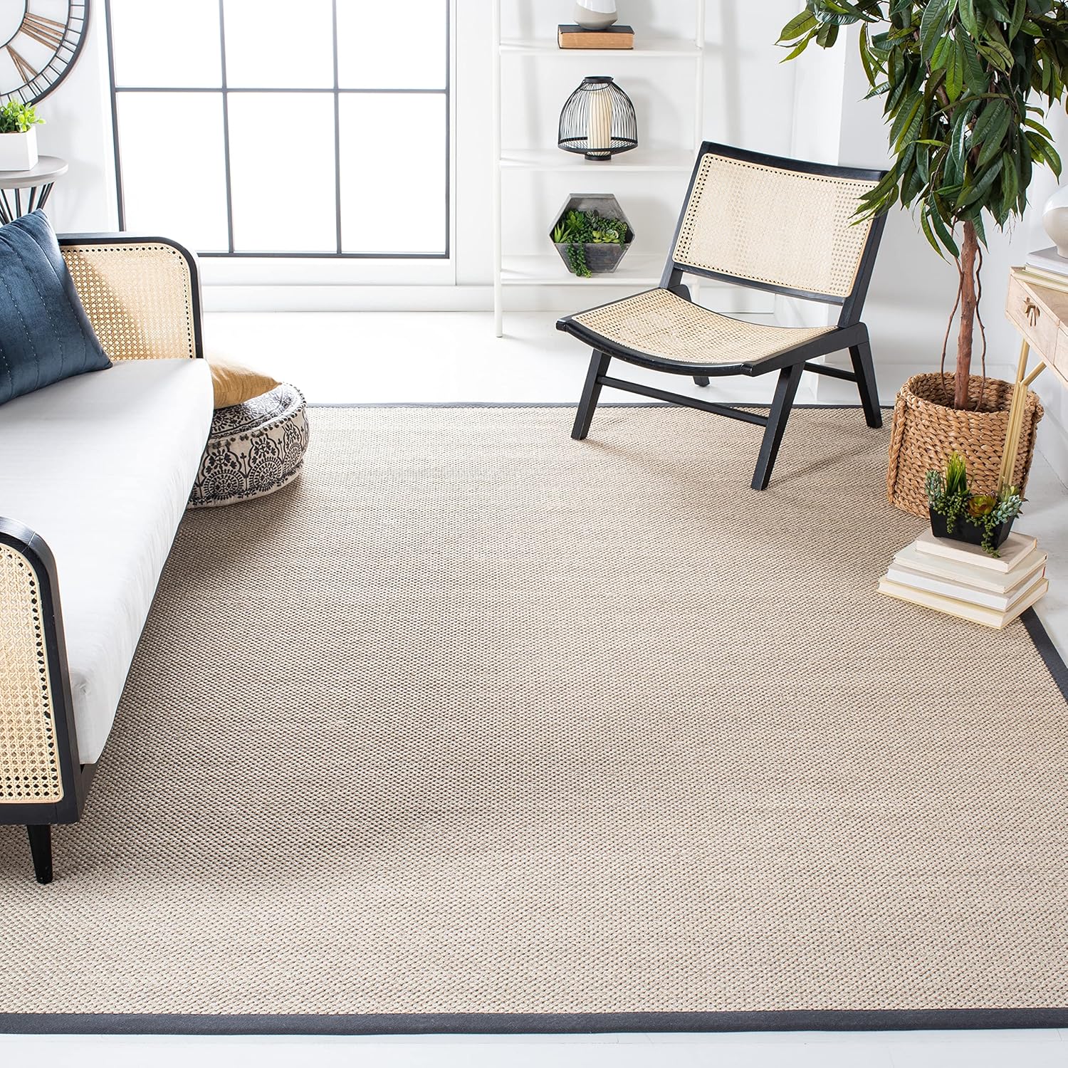 SAFAVIEH Area Rug 9x12 - Natural Fiber Collection - Large - Marble & Dark Grey, Sisal, Woven Design with Border (NF143D)