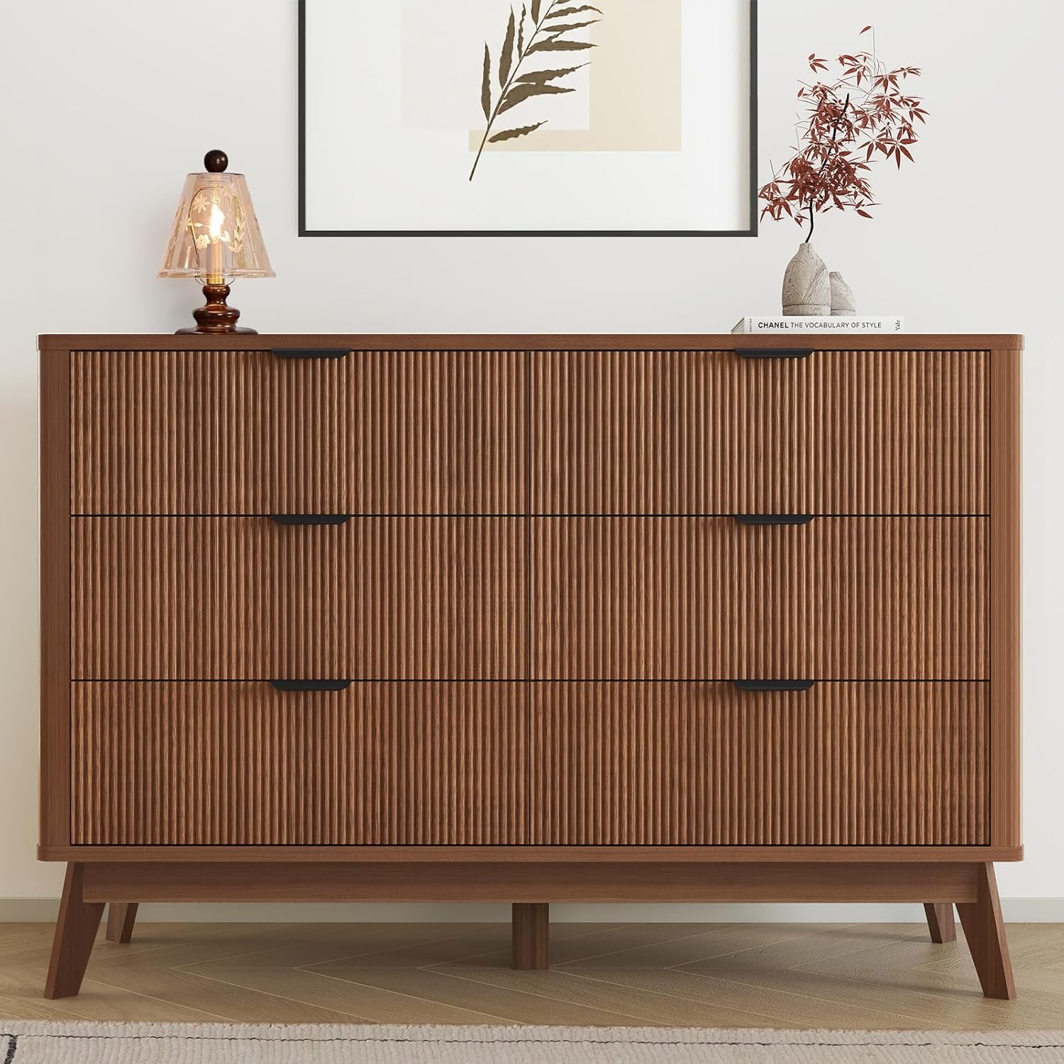 Fluted Dresser for Bedroom,49.6'' Modern Wooden Walnut Dresser with 6 Drawers, Bedroom Dressers, Natural Wood Chest of Drawers for Living Room, Hallway (Walnut)