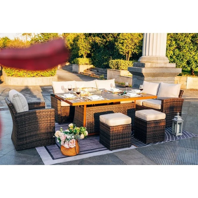 7-Piece Patio Aluminum Frame Conversational Sofa Set Dining Set with Gas Fire pit and Ice bucket Rectangle Dining Table