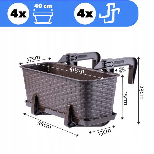 Kadax 4x Skrzynka Balkonowa 40cm Uchwyty Brązowa