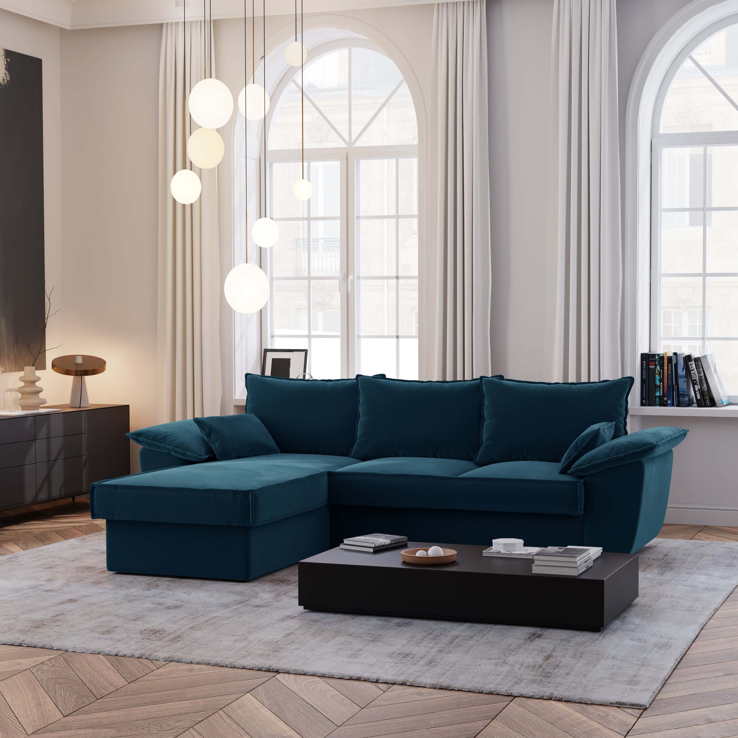 Hoekbanken links SASHA 4 personen Fluweel Pauwblauw
