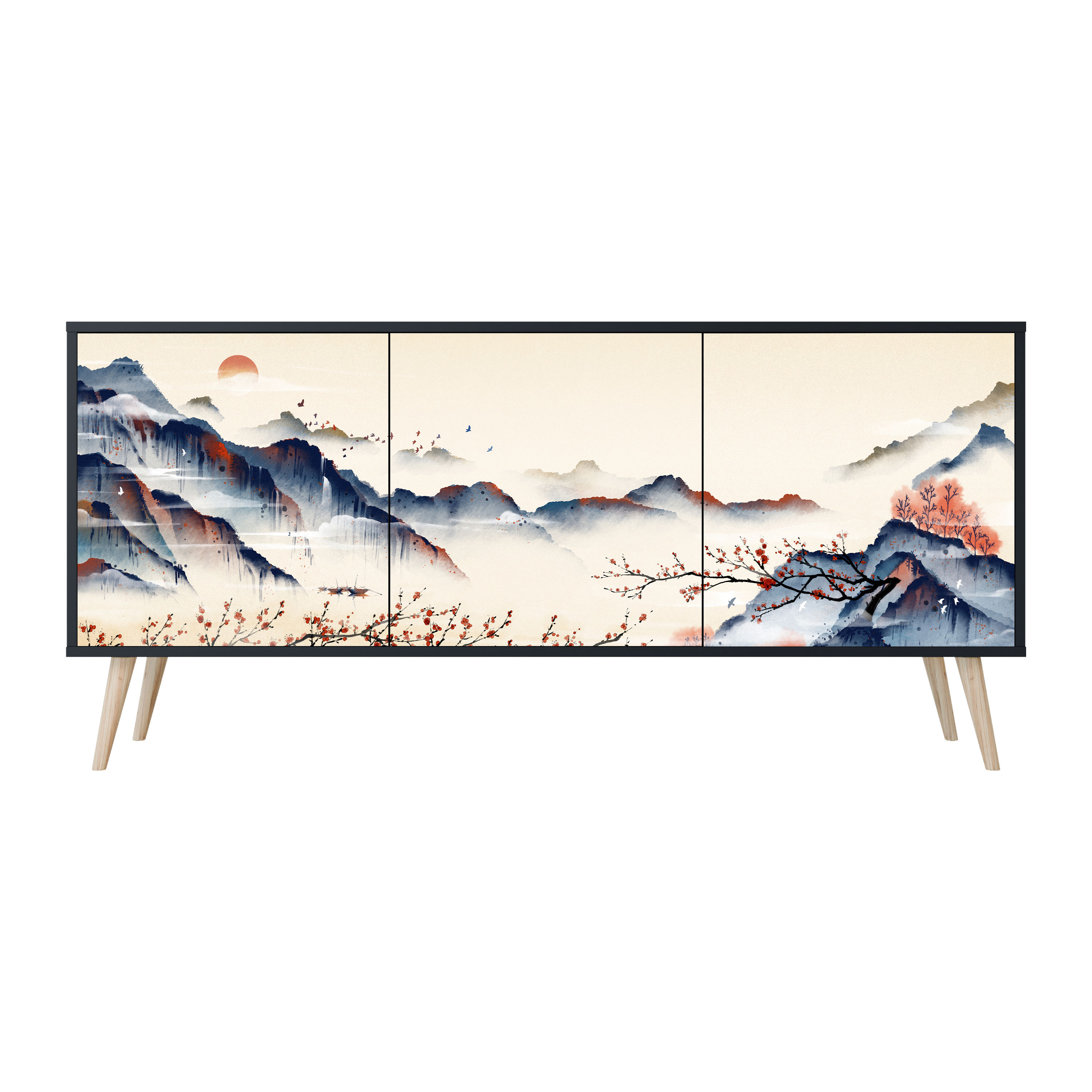 JAPANESE LANDSCAPE Komoda 3 drzwi Czarna-Bukowa skośna