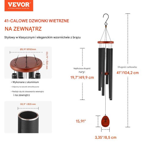 Dzwonki wiatrowe aluminiowe 1042 mm Czarne