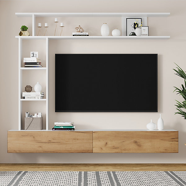 Ensemble Mural TV Complet avec Meuble Bas, Vitrine et étagères, Design Moderne en Blanc et Bois Naturel