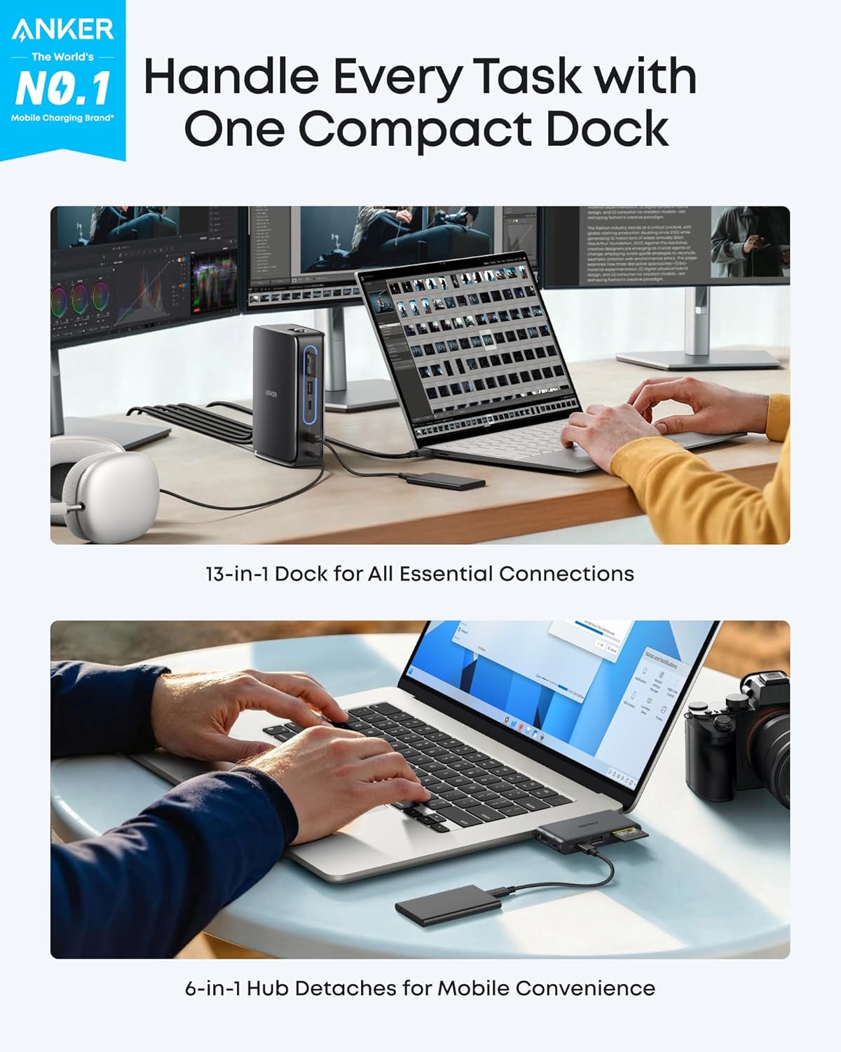 Anker Nano Laptop Docking Station with Detachable Hub  13-in-1 USB-C Triple Display Docking with 2 HDMI+1 DP  10 Gbps USB-C  3 USB-A  Audio  SD/TF  Ethernet  100W Max PD for Dell  Lenovo  HP  and More