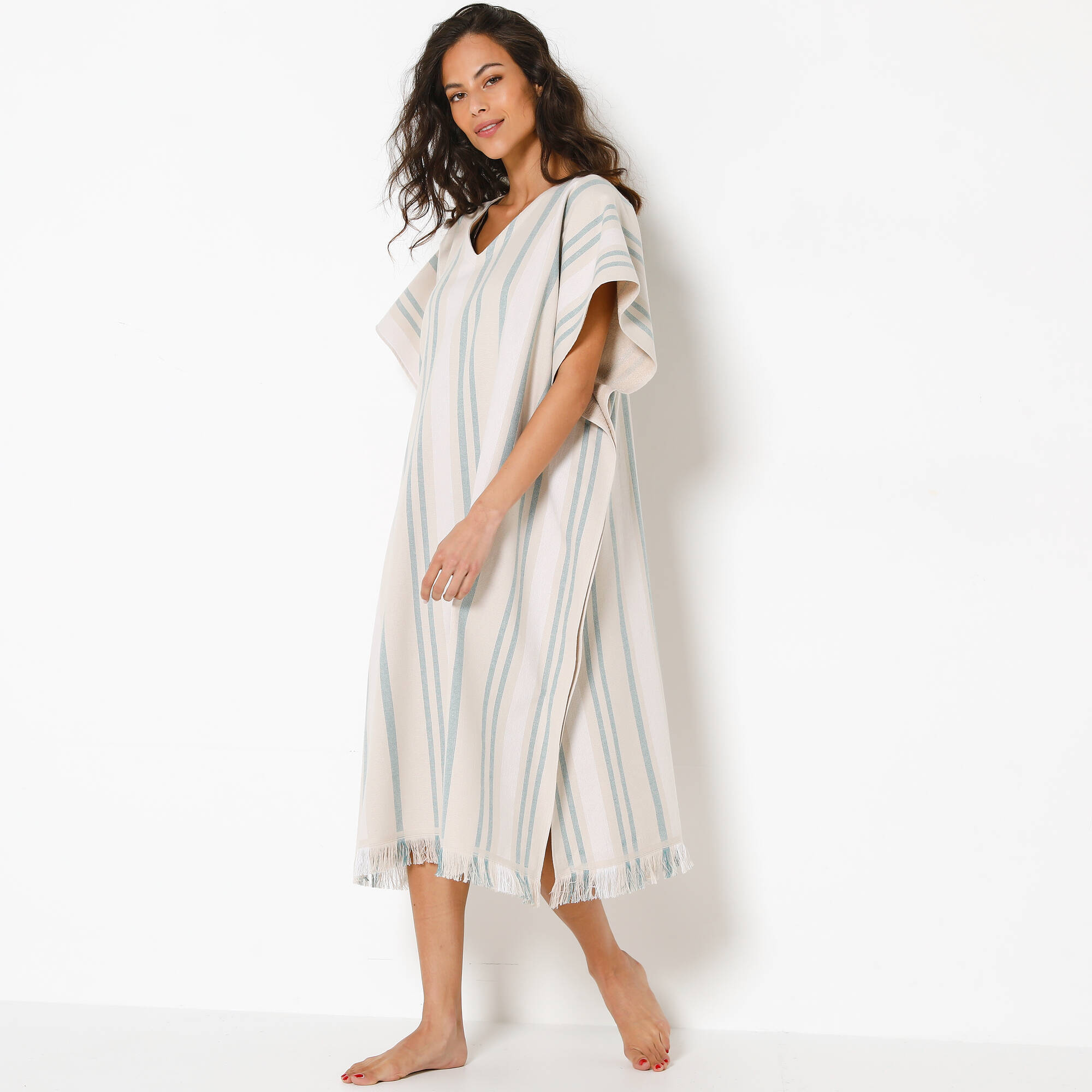 Poncho de plage tissé rayures doublé éponge