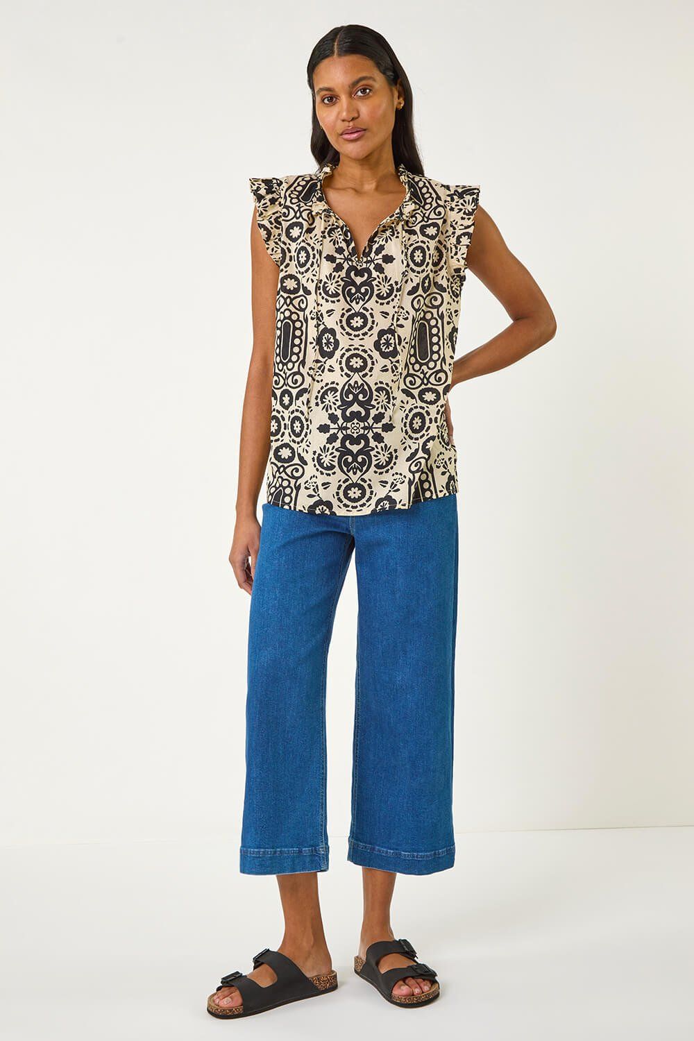 Roman Mono Printed Frill Sleeve Top