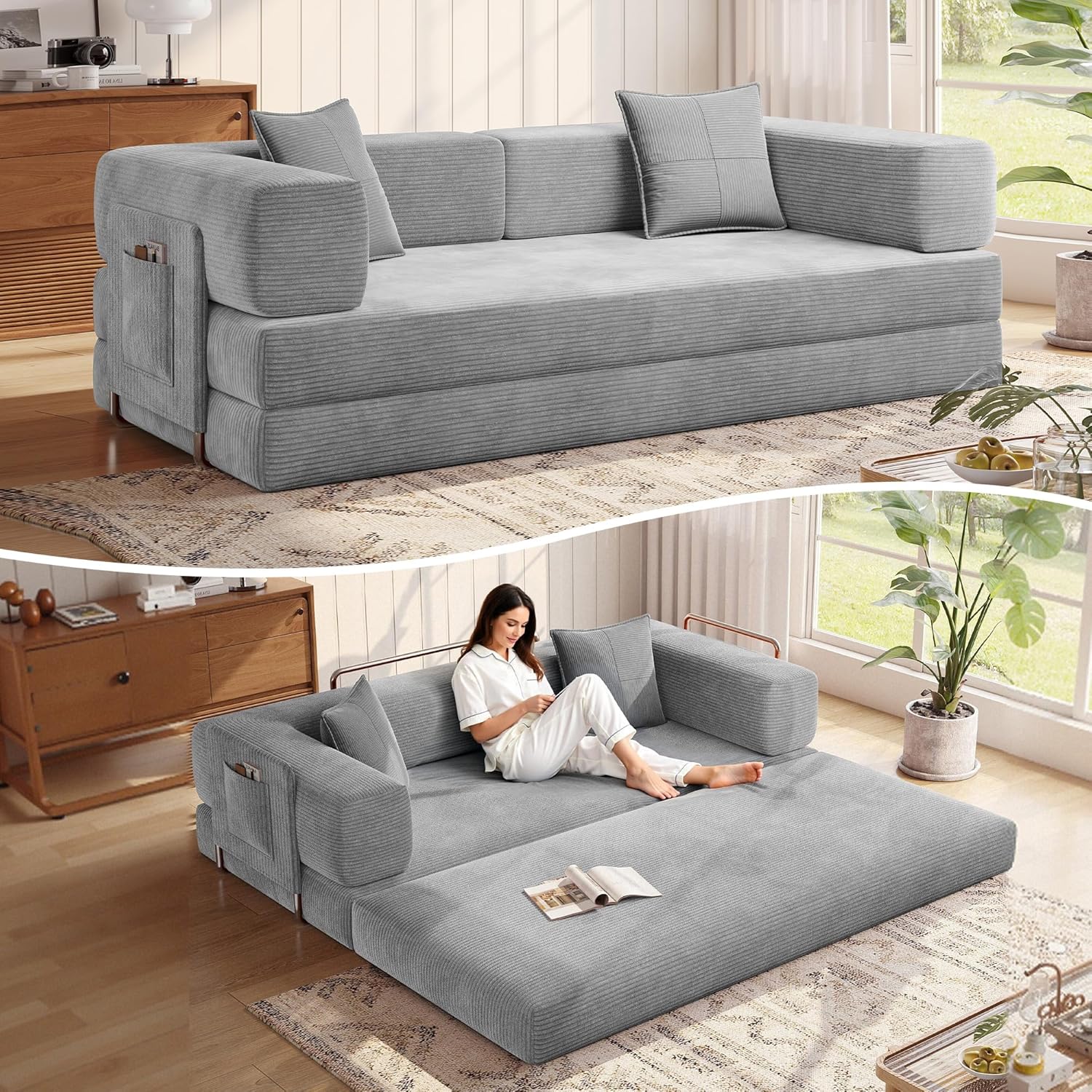 MoonSpeak 78.8''Sleeper Couch Bed for Livingroom,Convertible Modular Sofa with Armrest Pillow,Modular Foldable Corduroy Couches in a Box,No Assembly (Gray)