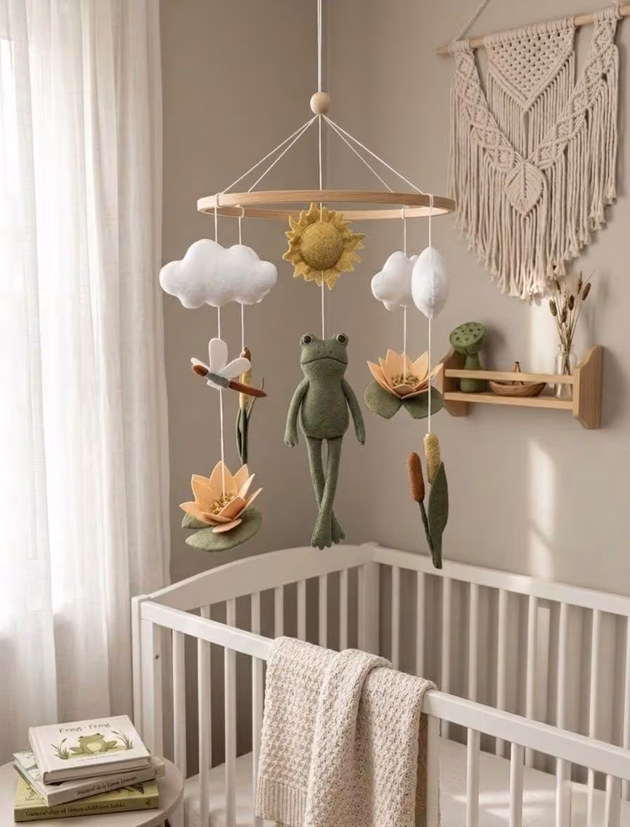 Felt Frog Baby Mobile: Lily Pads and Boho Forest Nursery Decor