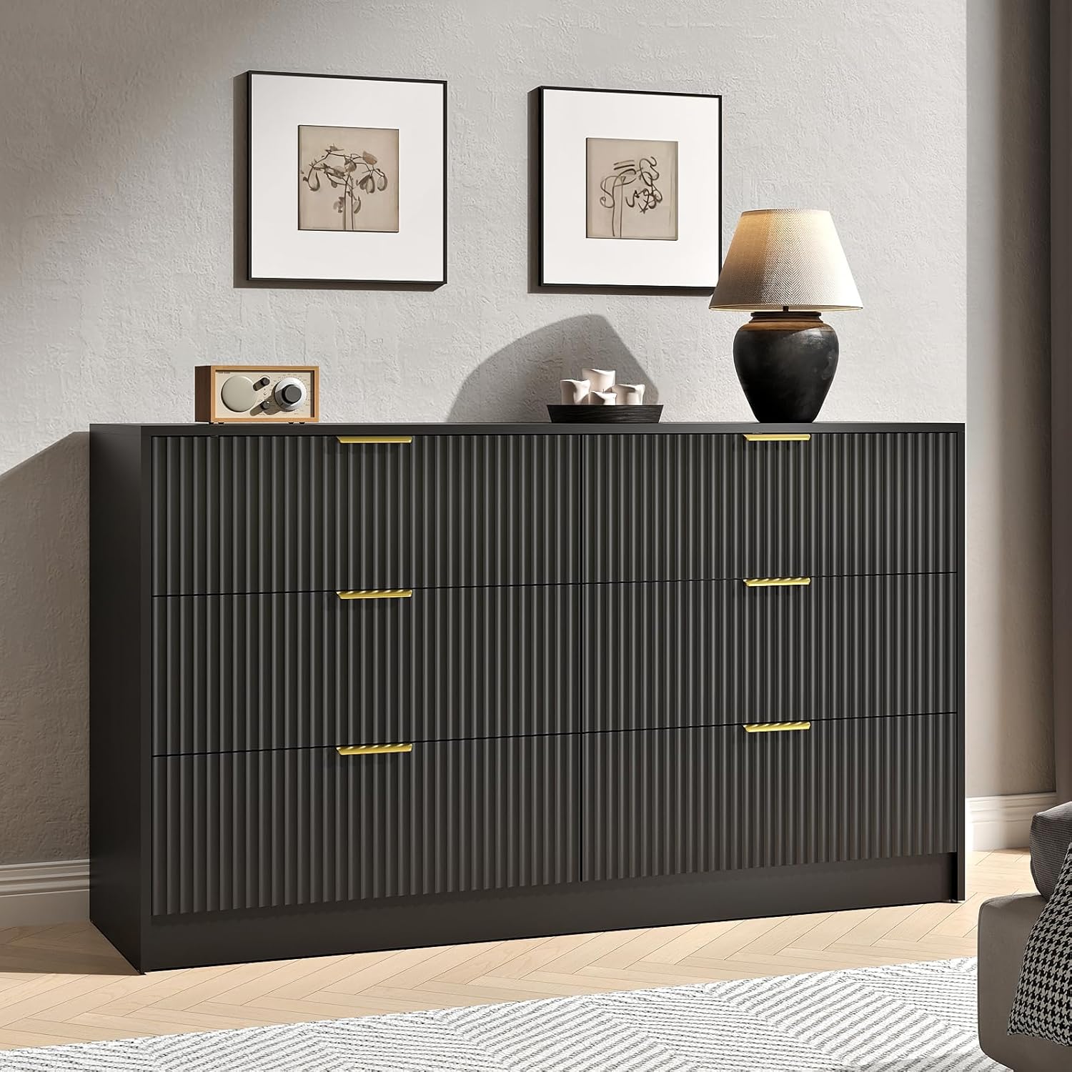 Black Dresser with 6 Deep Drawers, 55” Wide Fluted Dresser for Bedroom with Gold Handle, Modern Chest of Drawer for Closet, Bedroom, Living Room, Black