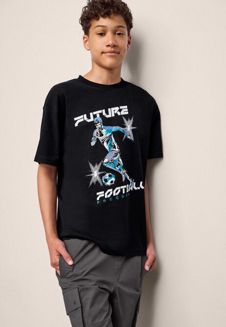 Older Boys Black Cotton Football T-Shirt