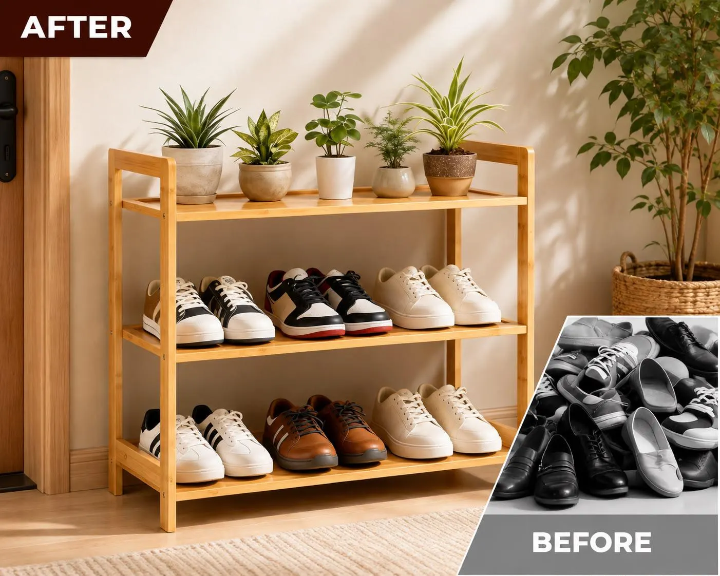 3 Tier Bamboo Shoe Rack, Natural Wood Entryway Storage Shelf, Compact Organizer