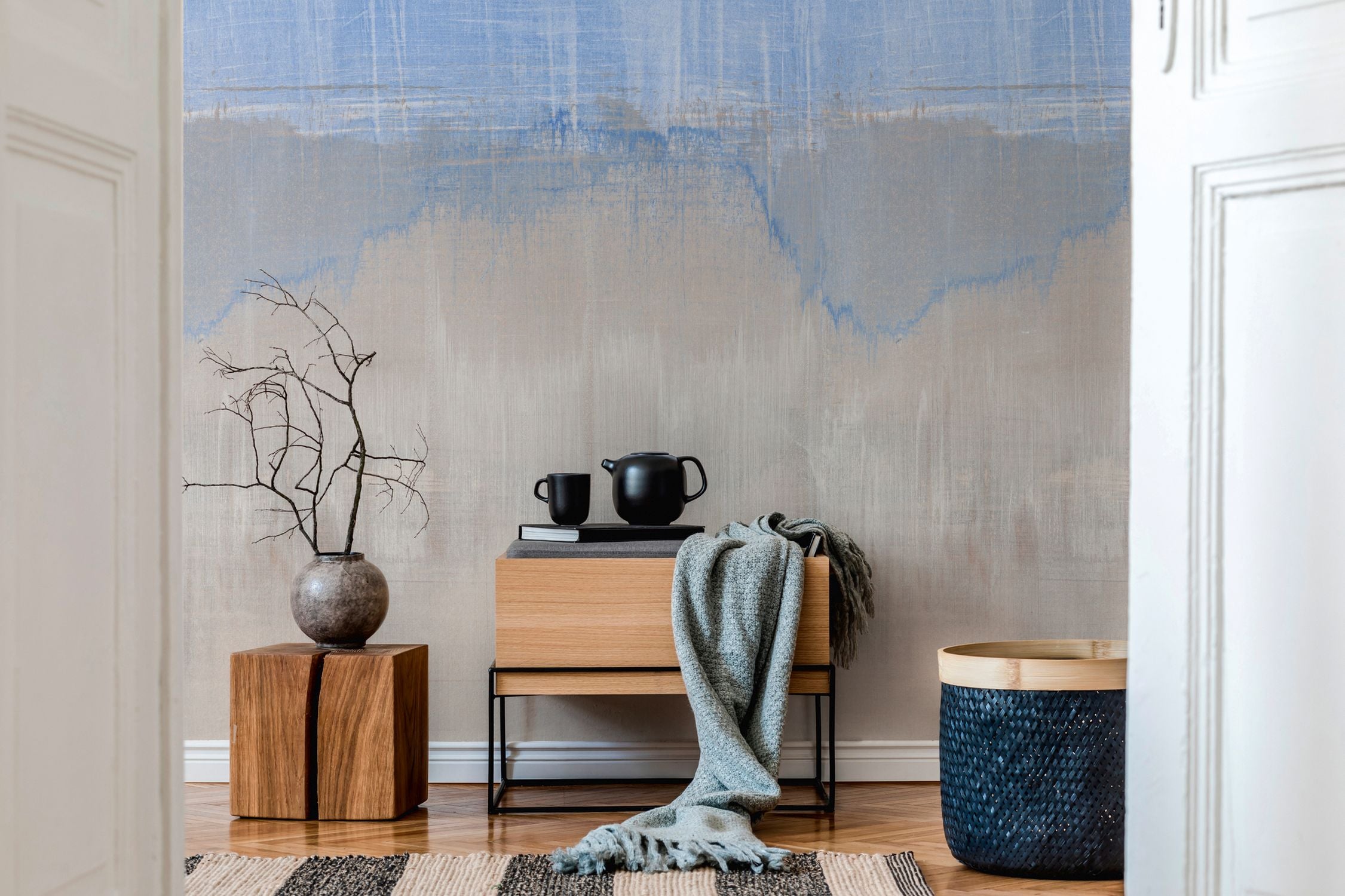 Livingwalls fotobehang linnenstructuur blauw en grijs - 212 x 280 cm - AS-392331