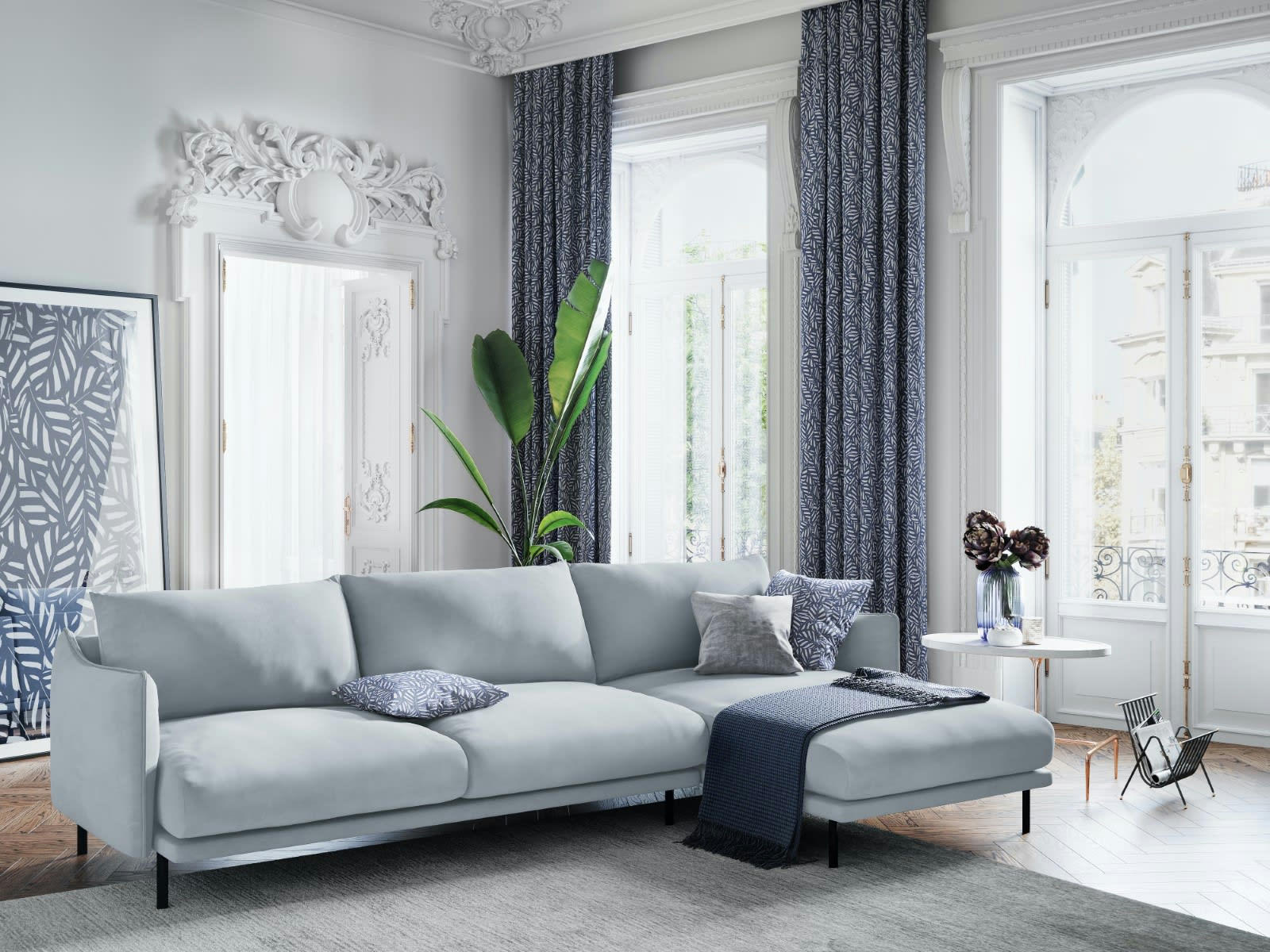 PARIS - Canapé D'Angle Droit 5 places en Velours Bleu Clair