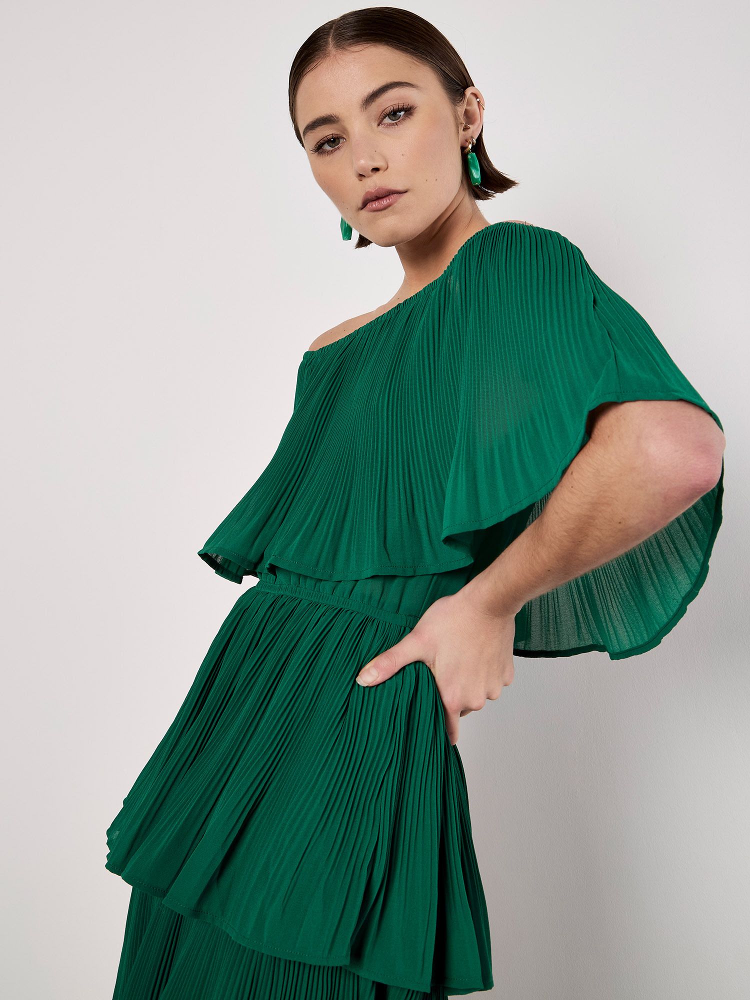 Apricot Plisse Tiered Bardot Mini Dress