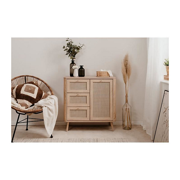 Commode - KUTA 01A - 1 porte - 3 tiroirs - Chene sonoma / Osier Palu - 80,9 x 84 x 40 cm