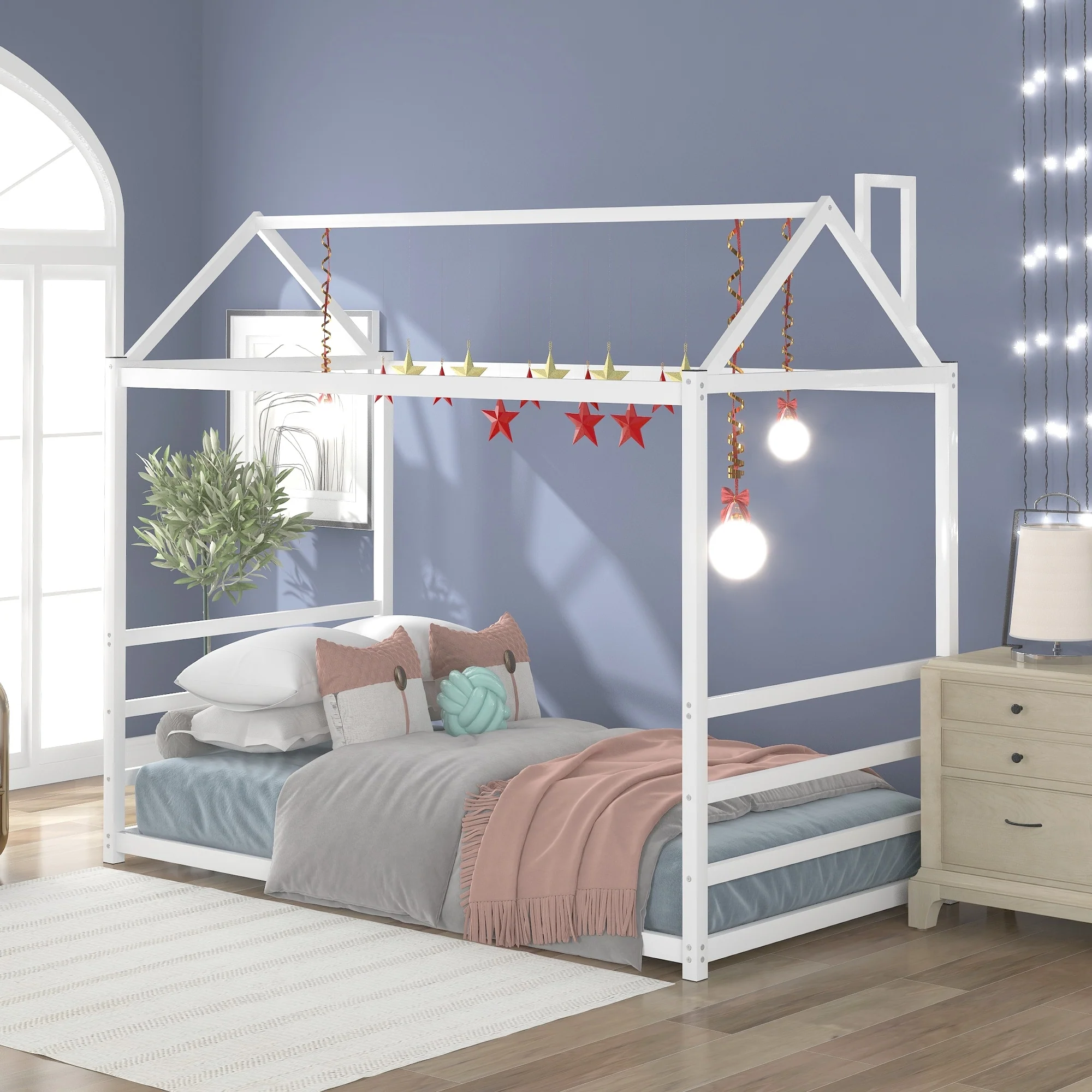 Metal Twin Size House Bed with Chimney, Easy Assembly