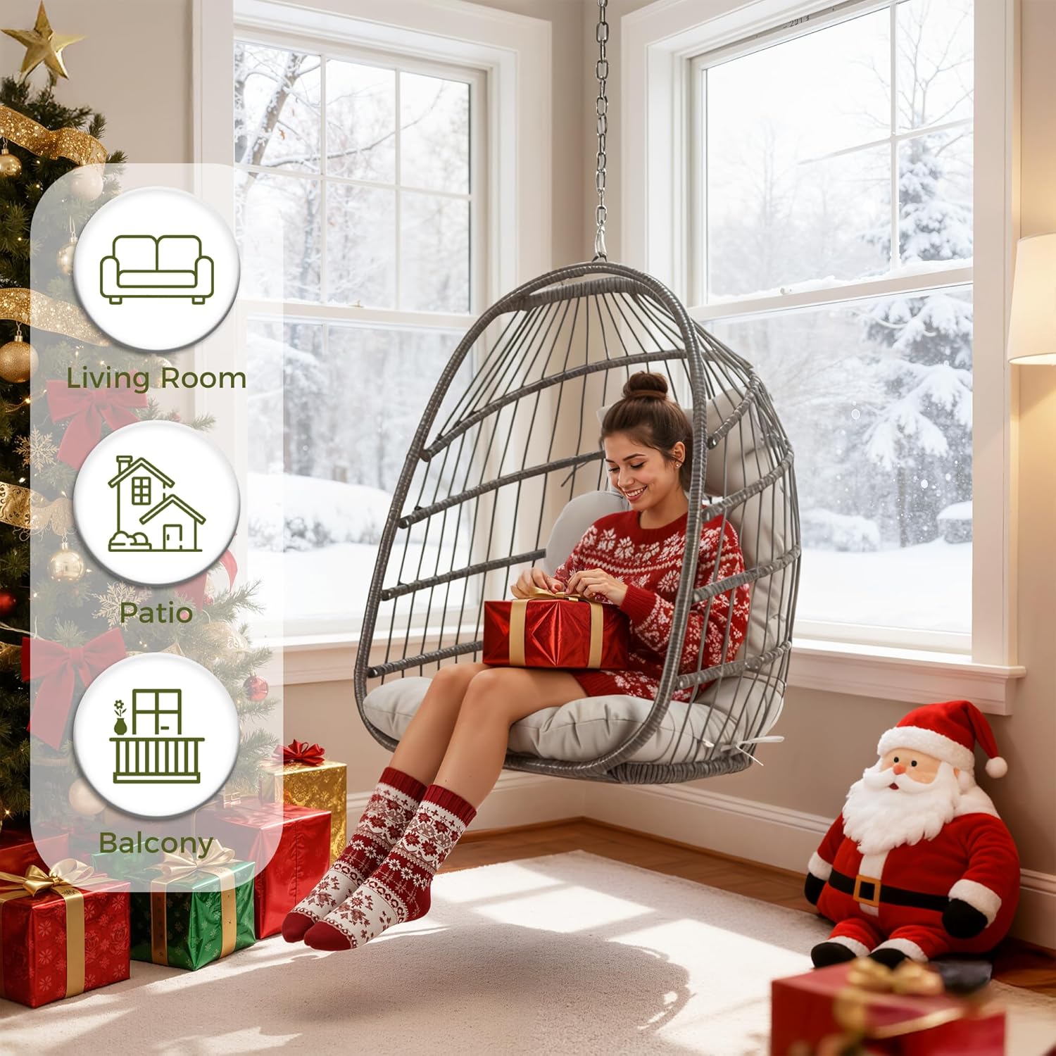 RADIATA Hanging Egg Chair Outdoor Without Stand, Weather-Resistant Wicker Rattan Swing with Cozy Cushion, 350Lbs Indoor Outdoor Eggshell Hammock Seat for Patio Porch Bedroom Balcony, Light Grey