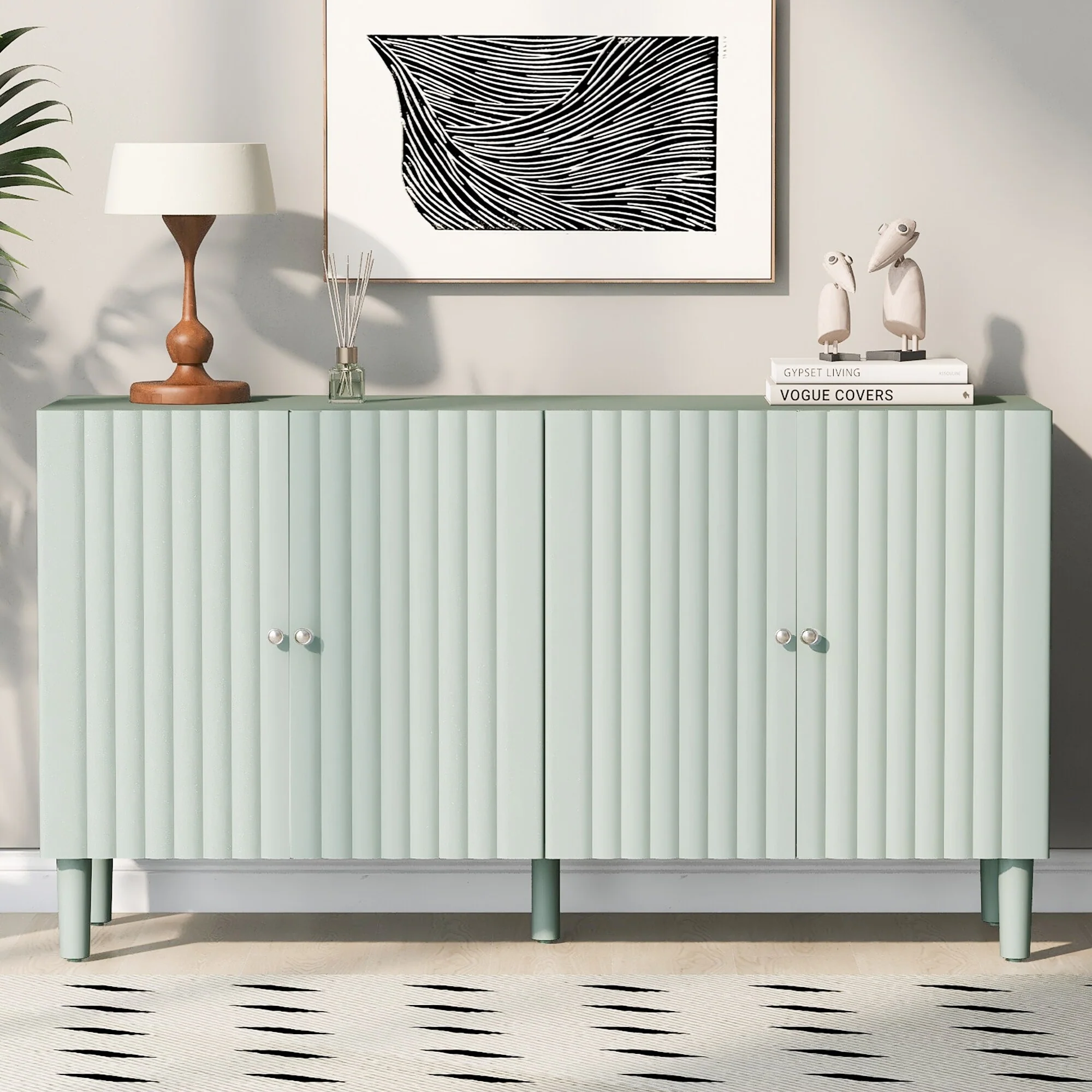 Rubber Wood 4 Door Sideboard with Wavy Pattern Doors and Cylindrical Legs, Storage Cabinet with Metal Door Handle