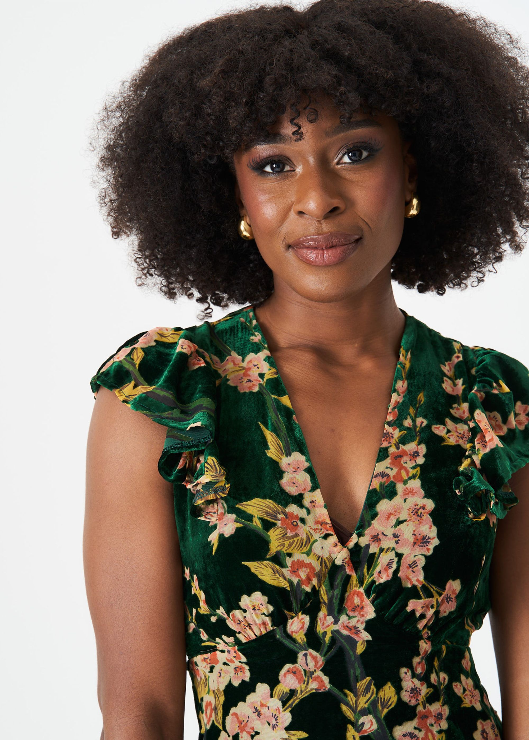Gini London Green Floral Devore Ruffle V Neck Midaxi Dress