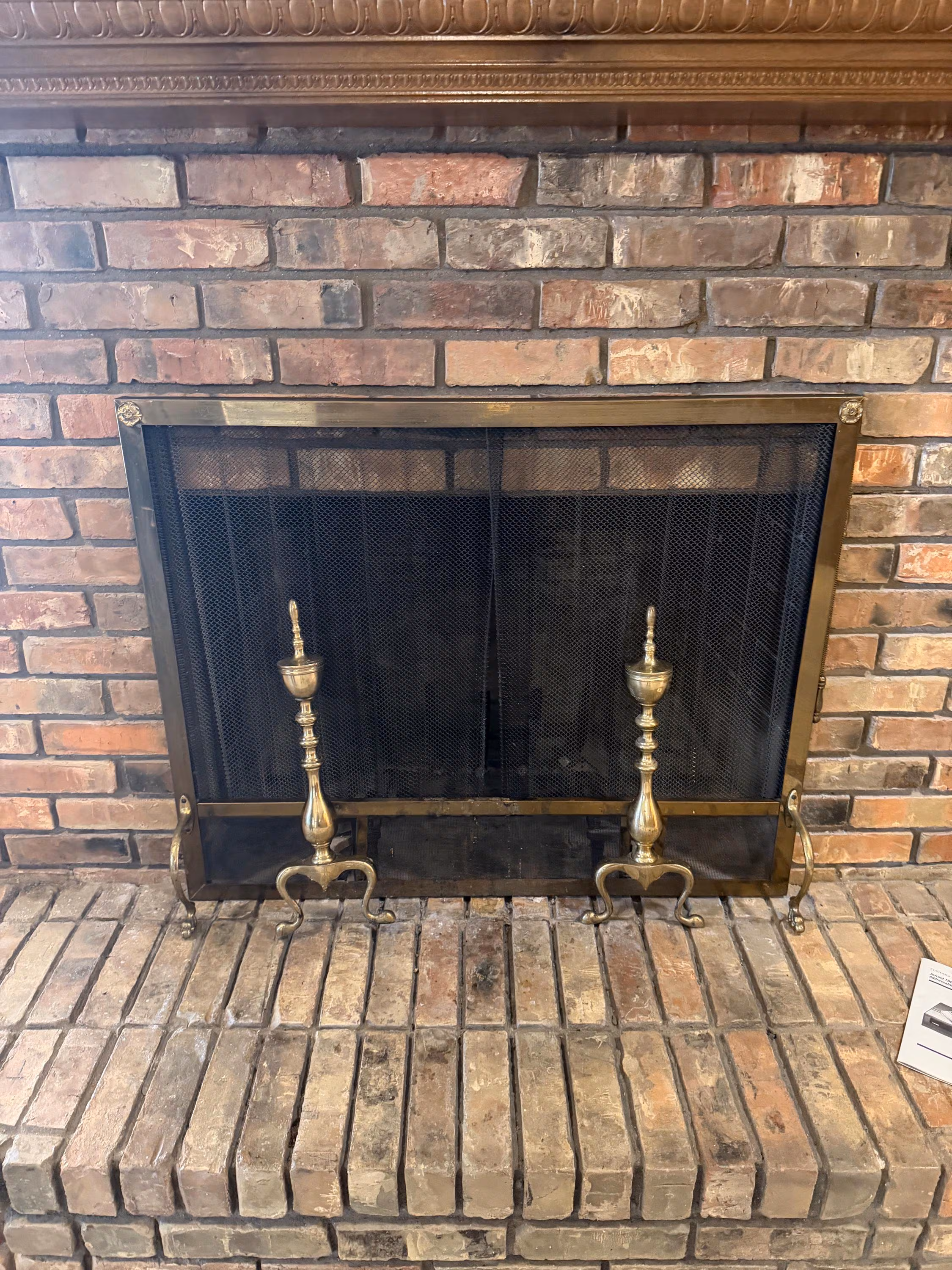 Vintage Brass Fireplace Screen & Matching Andirons Set
