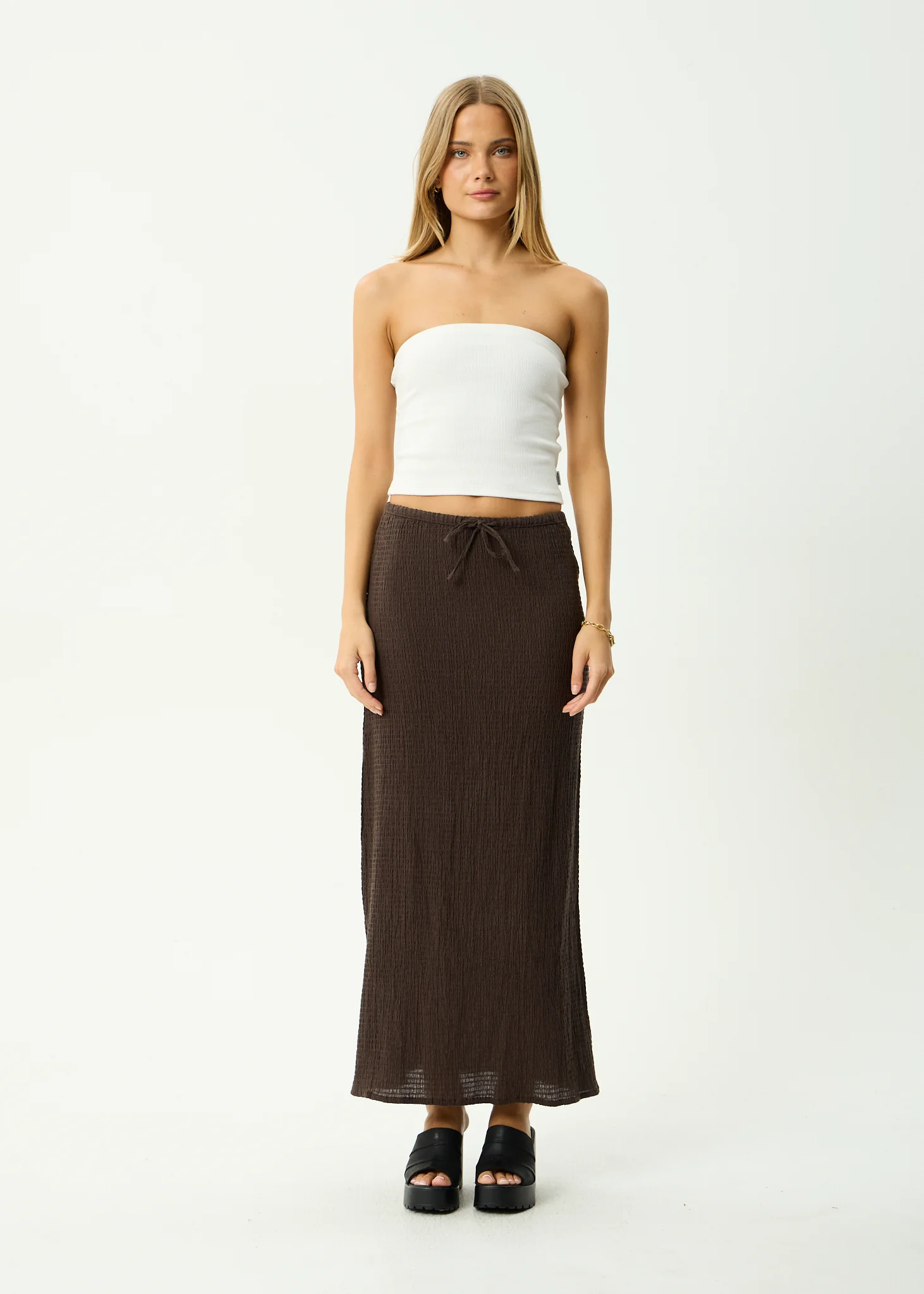AFENDS Womens Focus - Seersucker Maxi Skirt - Coffee