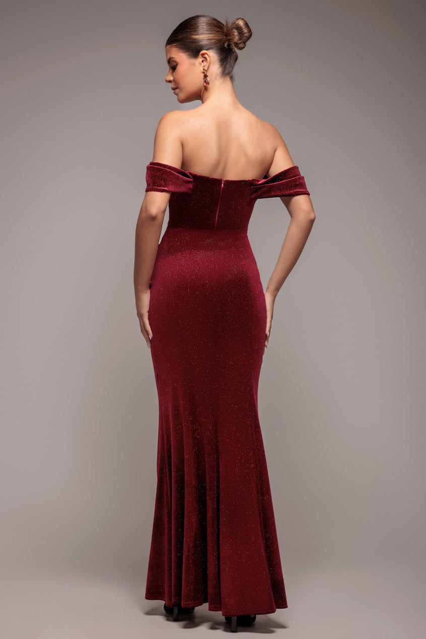 Goddiva Glitter Velvet Cowl Neck Pleated Waist Maxi Dress