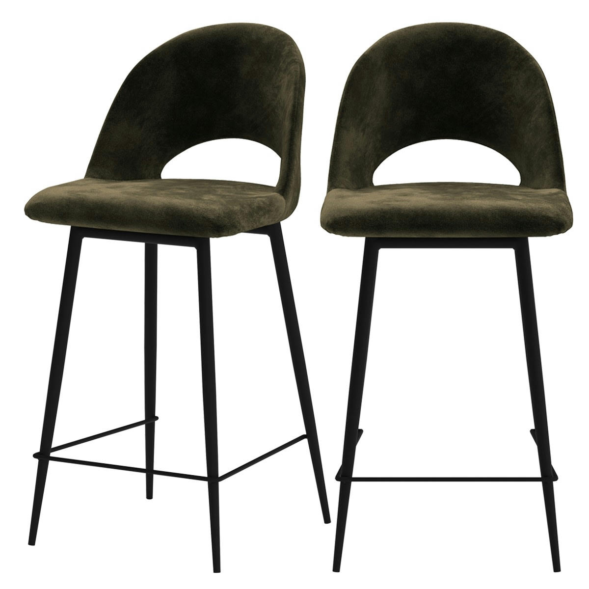 PÉNÉLOPE - Chaise de bar mi-hauteur en velours vert 65 cm (lot de 2)