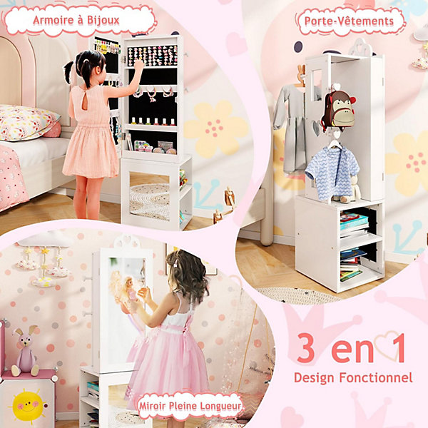 Armoire à Bijoux Enfant Fille 3 en 1 Armoire de Bijoux sur Pied avec Miroir Pleine Longueur Blanc