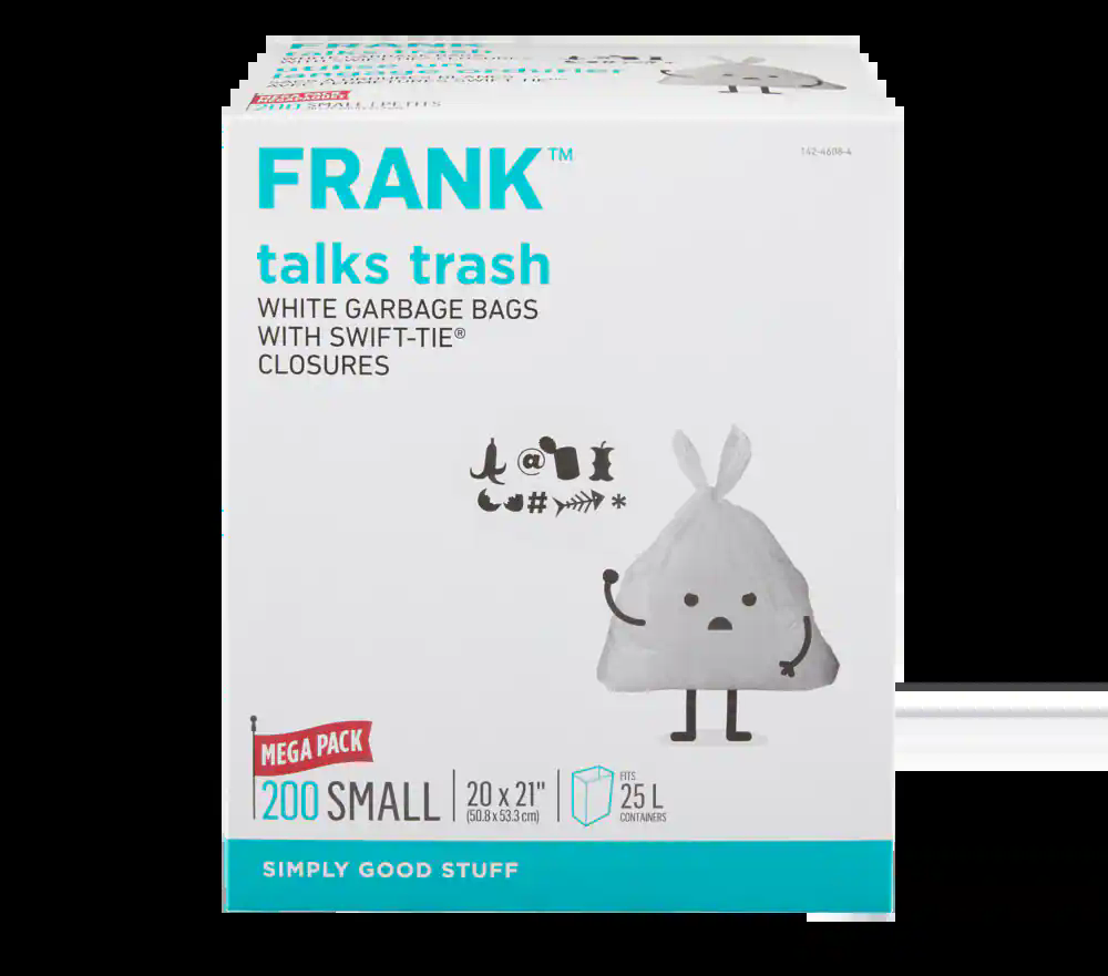 FRANK Small Swift-Tie Unscented Garbage Bags, 200-pk, White, 25-L
