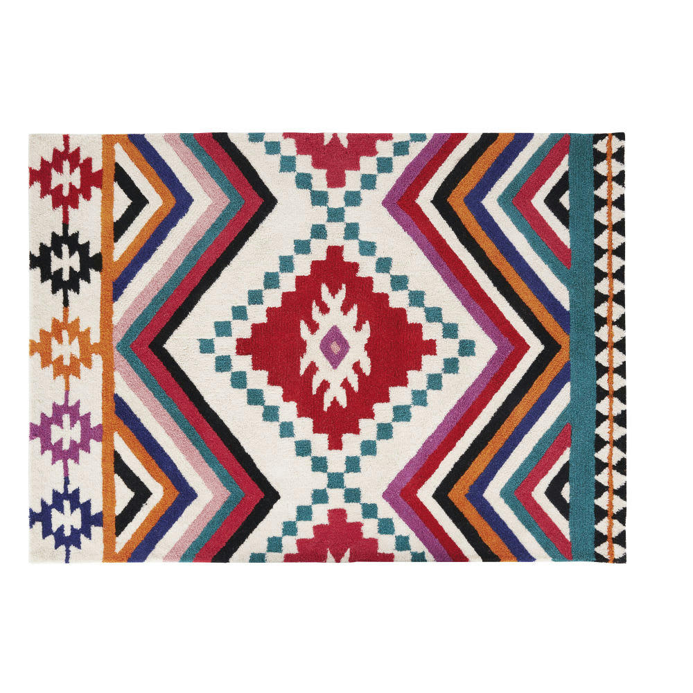 NALI - Tapis style berbère tufté en laine imprimé rose, bleu, écru et orange 160x230