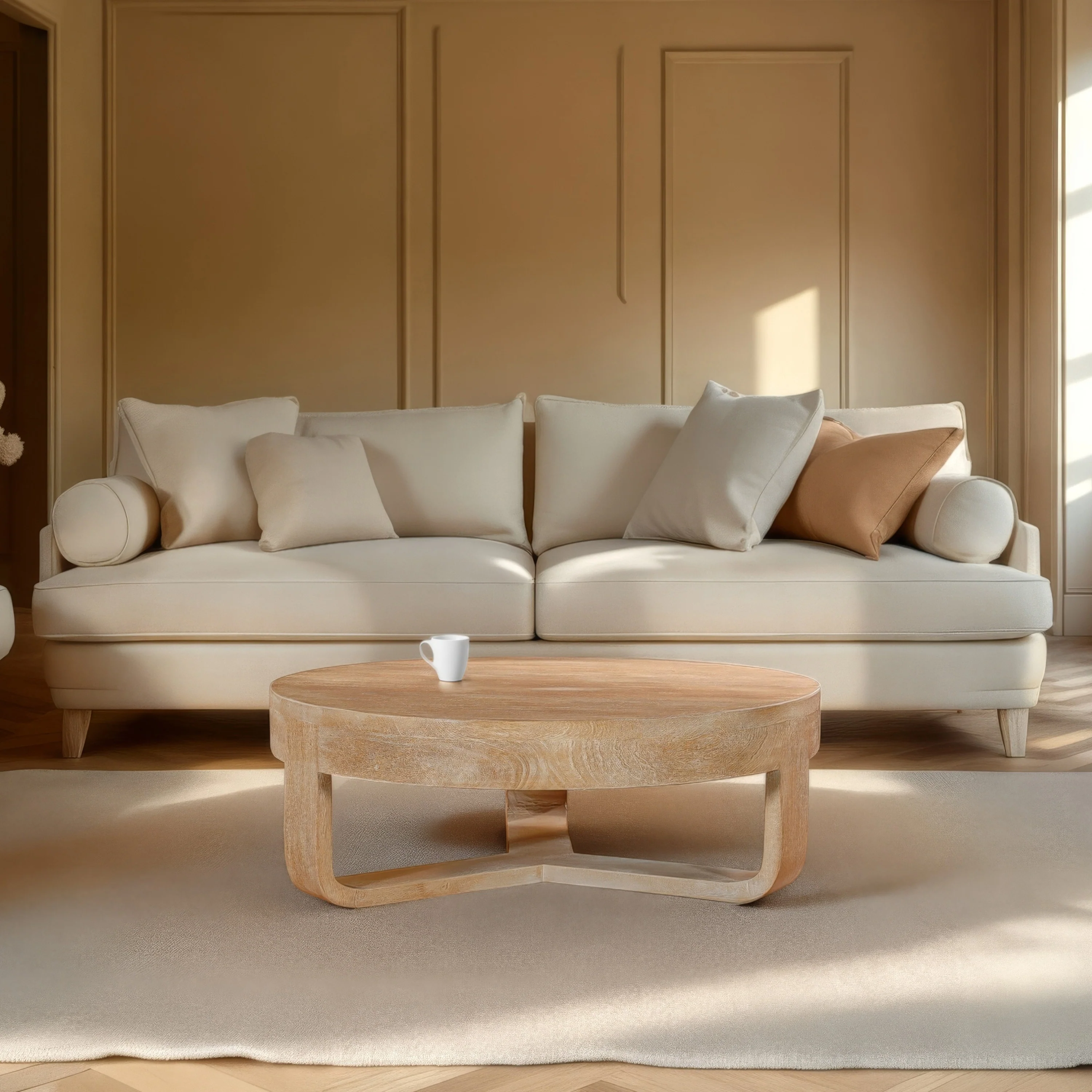 Milan Coffee Table, 32 Inch Round Top, Mango Wood with Sandblasted Natural Brown, Open Sled Base