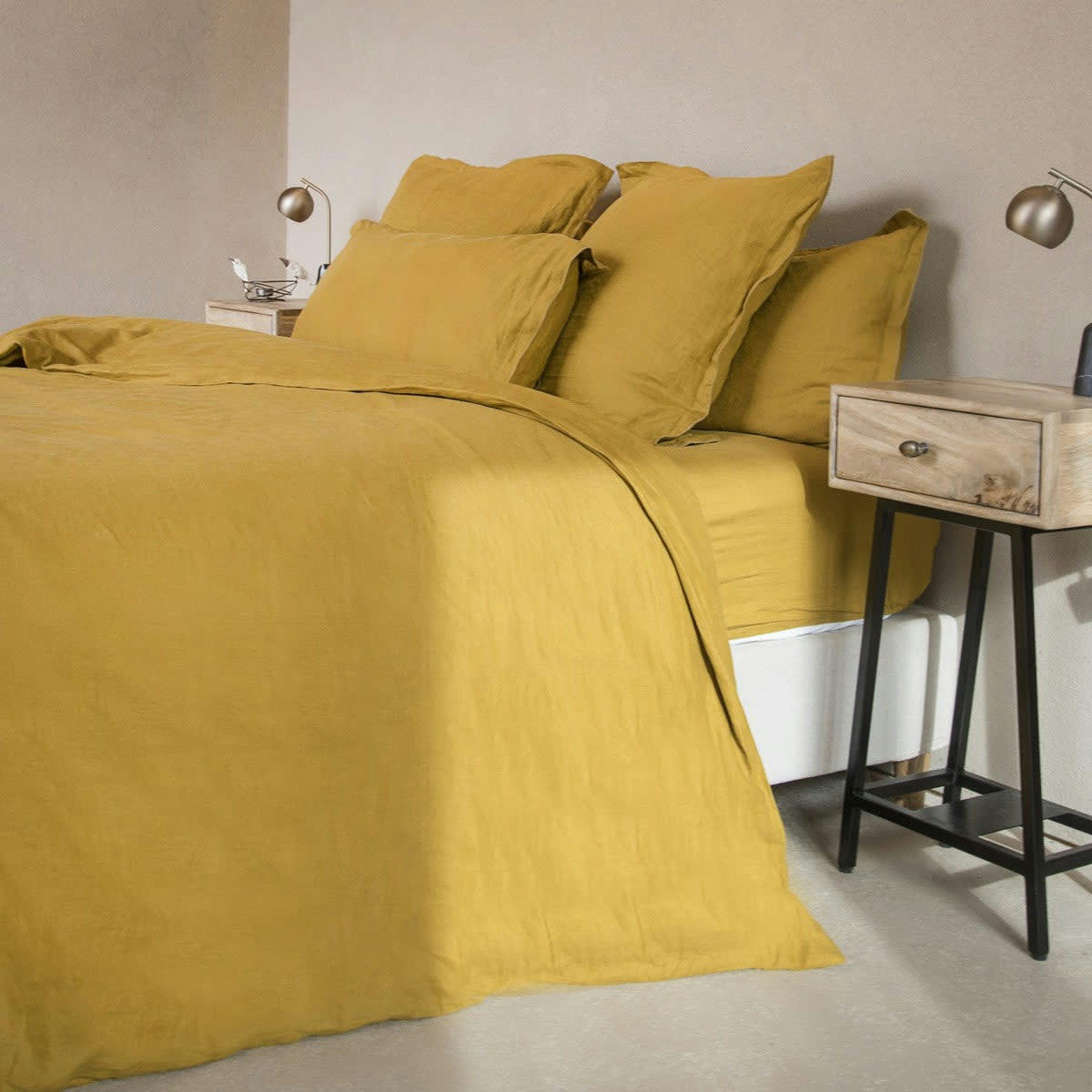 HORTENSE - Drap housse lin lavé  140x190x30 jaune moutarde