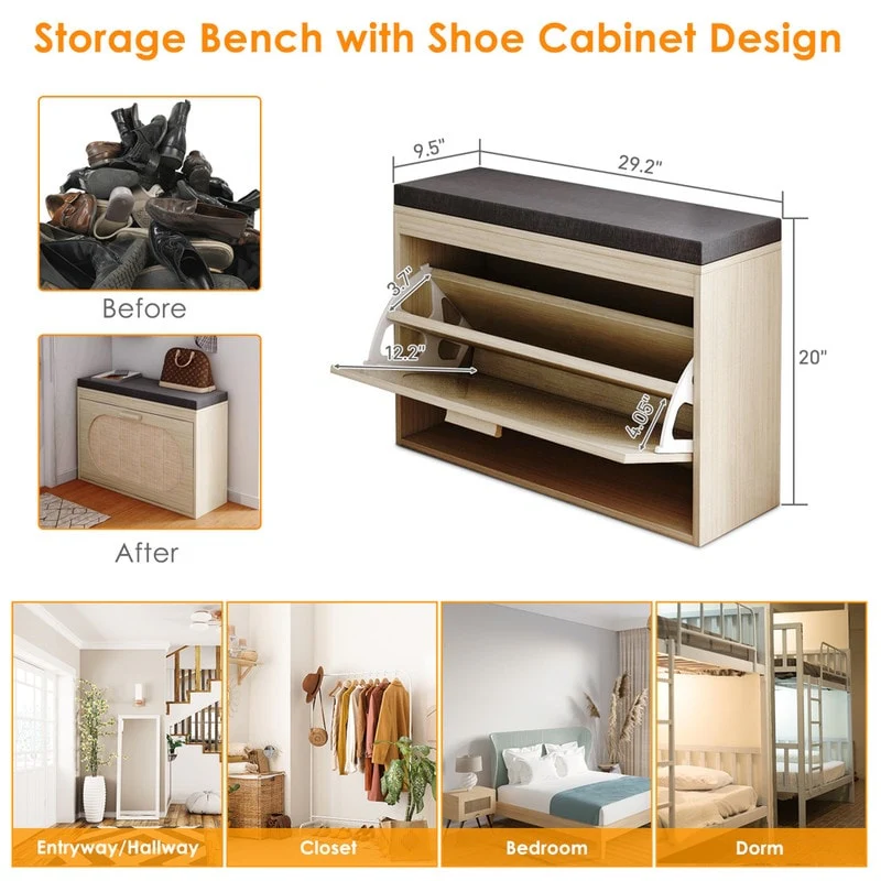 Rattan Shoe Rack Hallway Shoes Srorage Bench with Flip-Drawer and Seat Cushion
