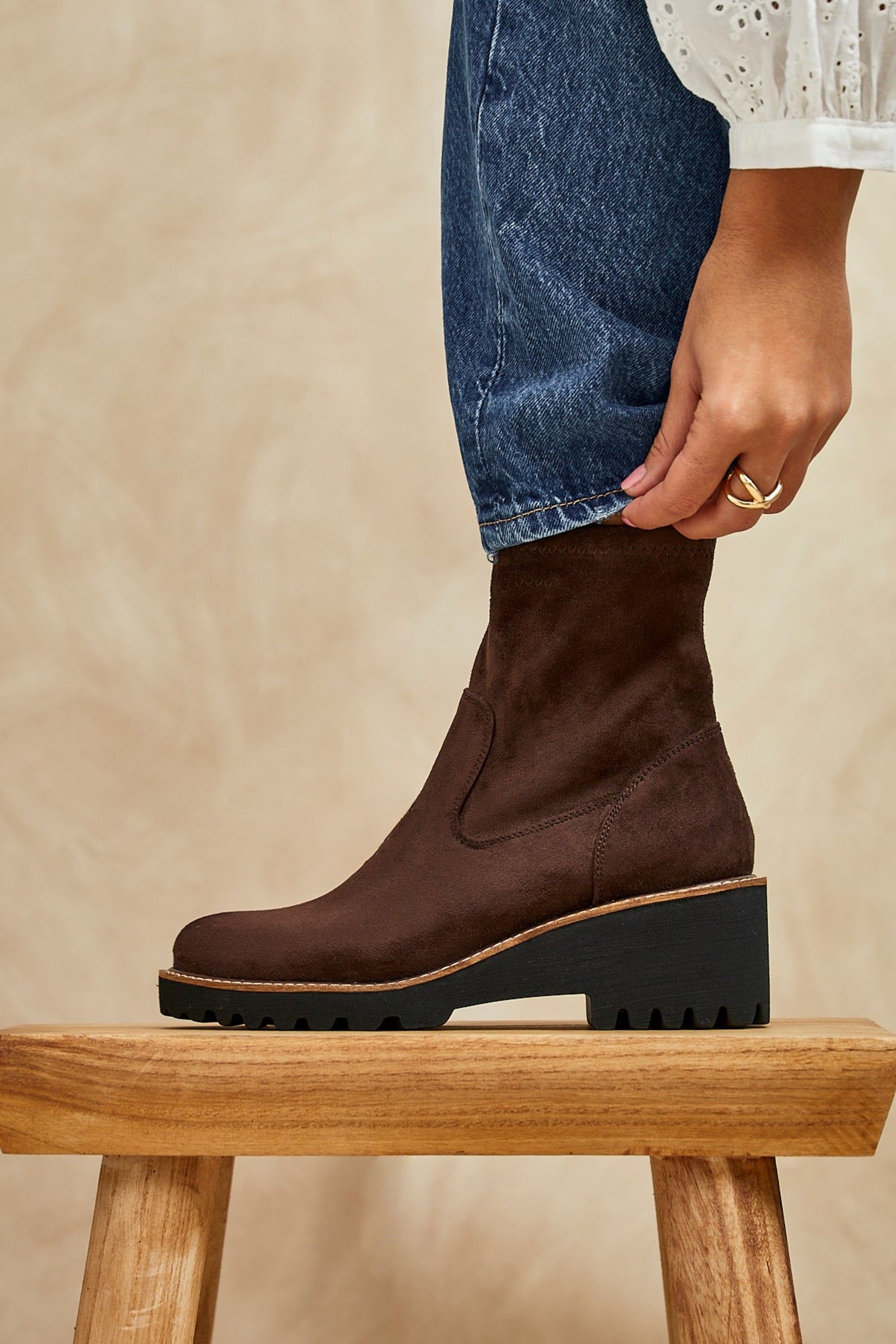 Linzi Trish Brown Faux Suede Wedged Ankle Boots