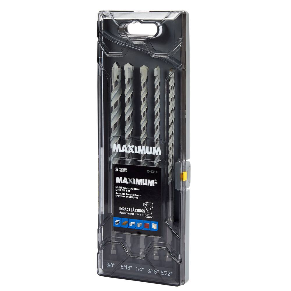 MAXIMUM Multi Construction Carbide Tipped Drill Bit Set for Wood, Metal, Plastic, Masonry, 5-pc